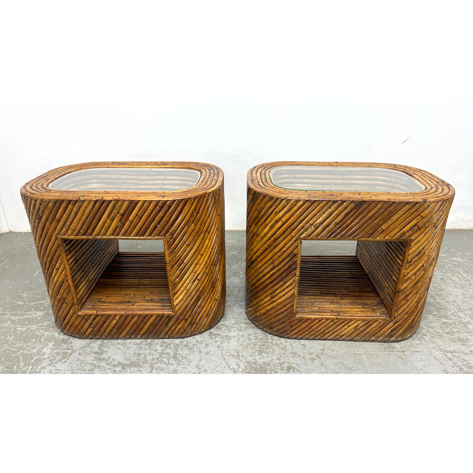 Pair of Split Bamboo Side Tables with Inset Glass Tops.  Hefty design.  Rattan Crespi Style. (1 of 8)