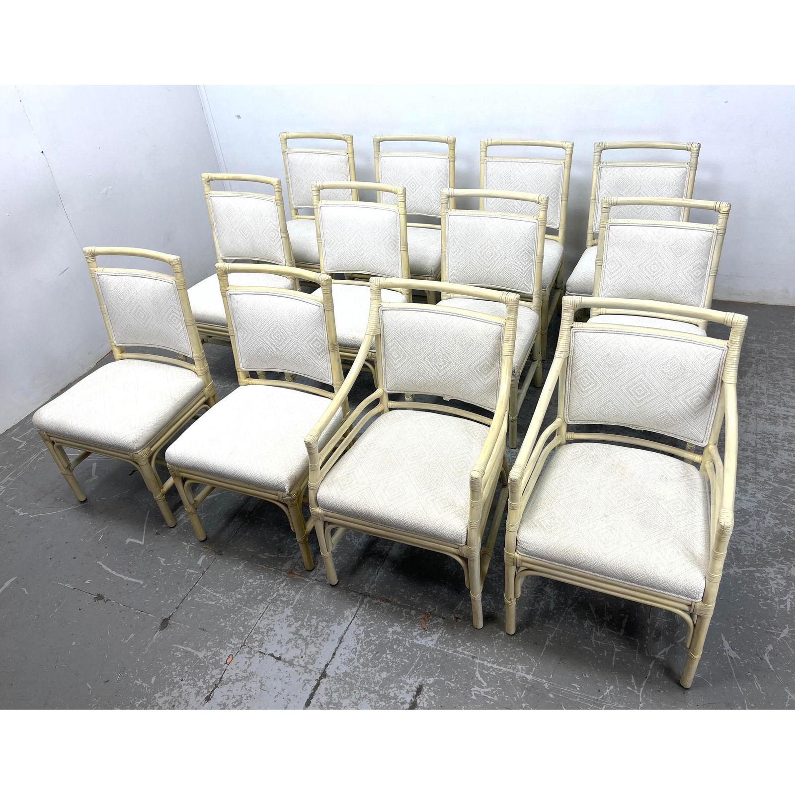 Set 12 McGuire style Rattan Dining Chairs. Cream Finish Bamboo Frames with Decorative Element to Bac (1 of 20)