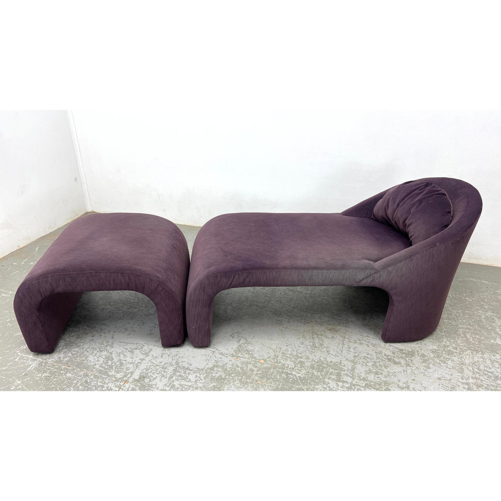 2pc Rolled edge Chaise and Ottoman. Vintage Plum Color.: 2pc Rolled edge Chaise and Ottoman. Vintage Plum Color. Dimensions: Height: 29.5 inches, Width: 27 inches, Depth: 59.5 inches. - Additional Dimensions: Ottoman H: 19.5 inches, W: 30 inches, D: 28 inch