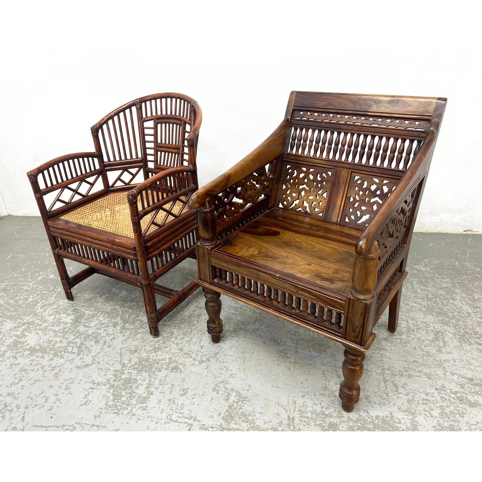 2pcs Chinoiserie Bamboo Side Arm Chair and a Maharaja Carved Chair: 2pcs Chinoiserie Bamboo Side Arm Chair and a Maharaja Carved Chair Dimensions: Height: 33.5 inches, Width: 22 inches, Depth: 24.5 inches. - Seat Height: 16.5 inches - Additional Dimensions: Squared ch