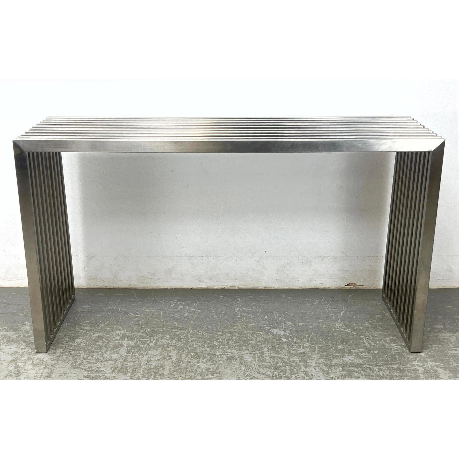 Modernist Chrome Slat Hall Console Table. Stylish streamlined slatted form sofa table. (1 of 6)