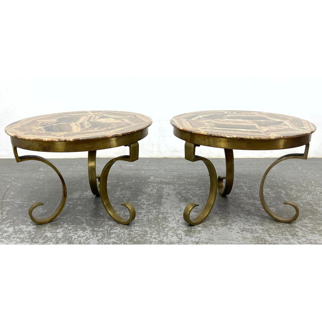 Pr Onyx top and brass tone end tables. Natural Onyx Stone Round Tops. (1 of 11)