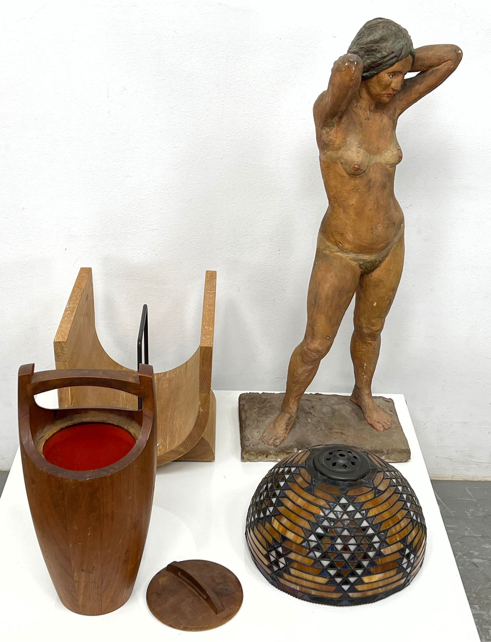 4pcs Mid Century Modern . Female sculpture, Dansk Teak Ice Bucket, Magazine rack, and small leaded s (1 of 20)
