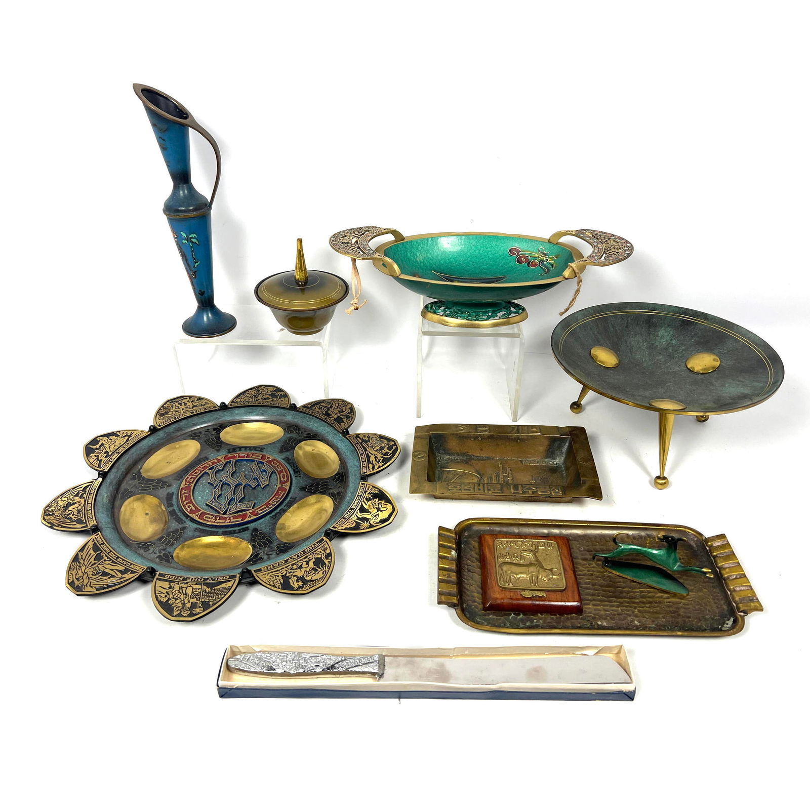8pc MID CENTURY MODERN Metal Lot. Mostly Israeli and Asian. Vintage Brass Passover Seder Plate. Pitc (1 of 20)