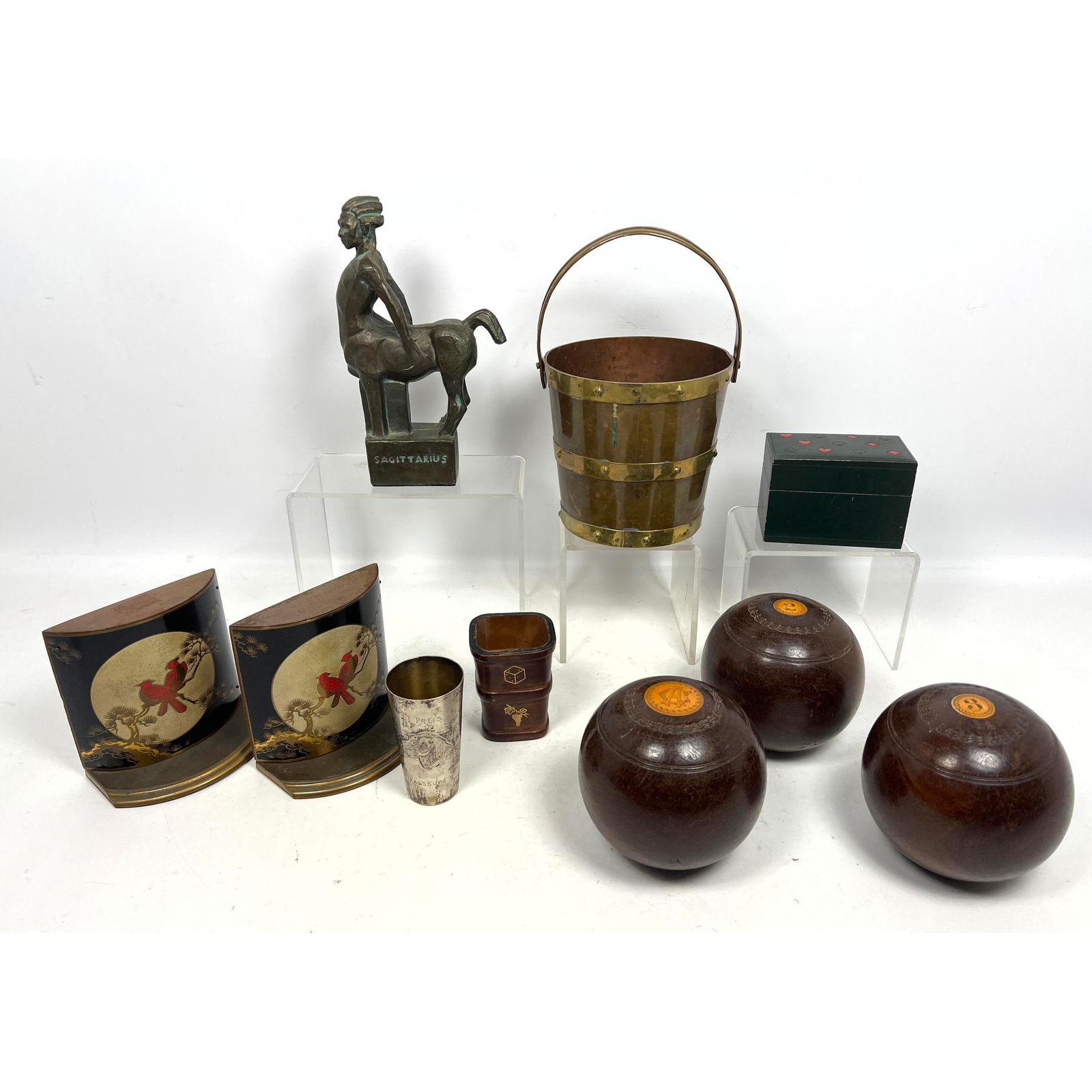 Vintage 10pc lot: English Victorian Rosewood Lawn Game Balls, Mexican Brass Ice Bucket, Chinoiserie (1 of 20)