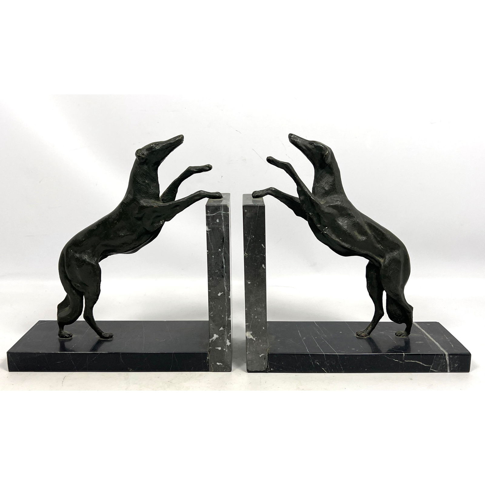 Pr Figural Bronze Dog Bookends. Standing Dogs above Marble Base. (1 of 9)