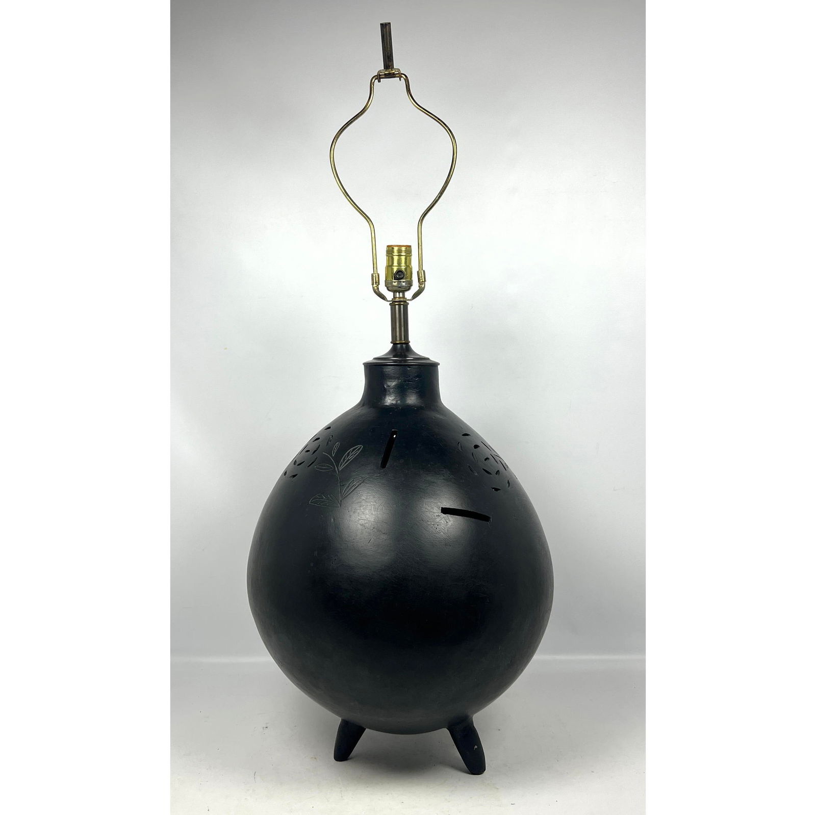 Burnished Pottery Table Lamp. Cut Out Details. bulbous form on Three Feet. Possibly Mexican or South (1 of 12)