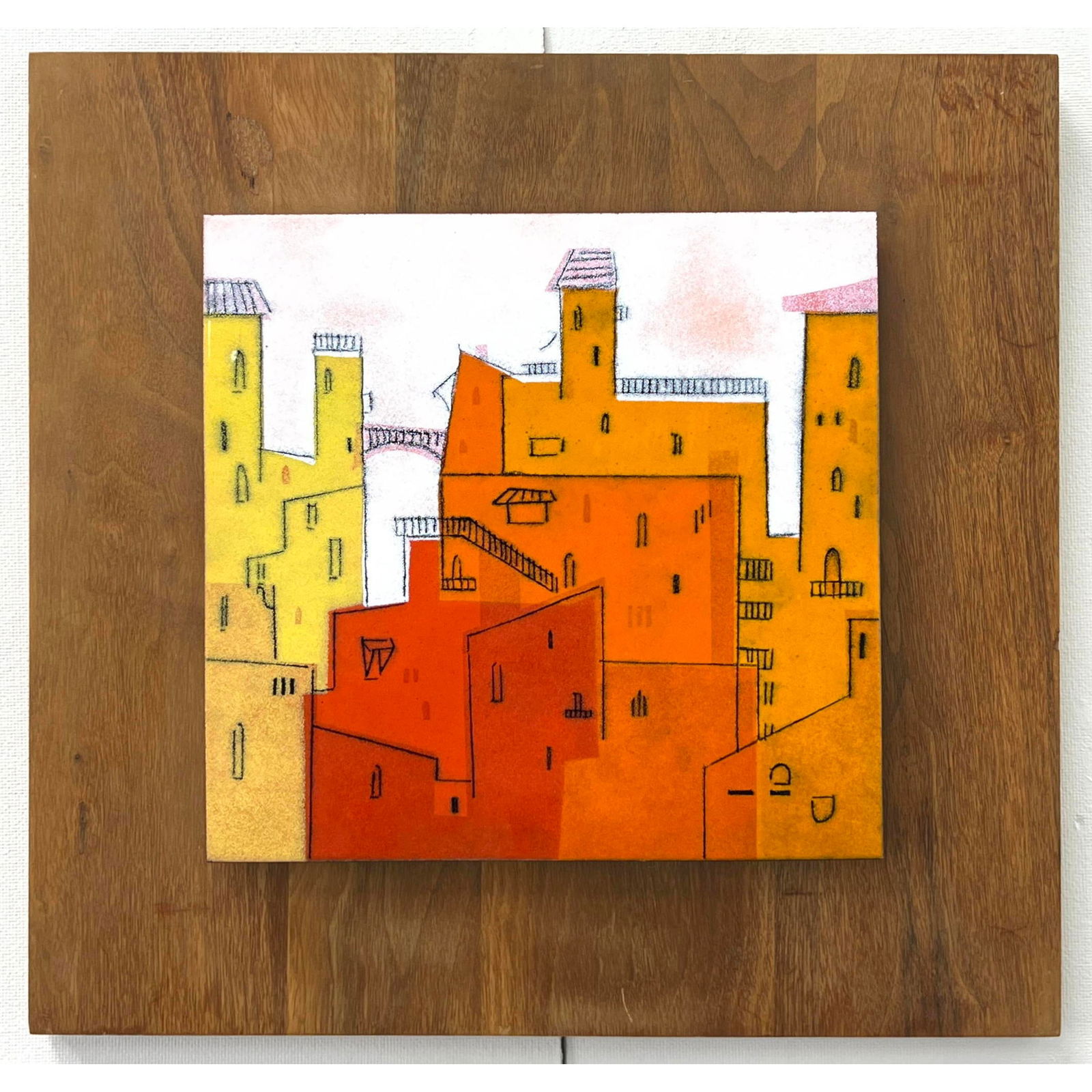 Vintage Oleski Mid Century Enamel on Copper Tile Cityscape Walnut Wood Wall Art (1 of 7)