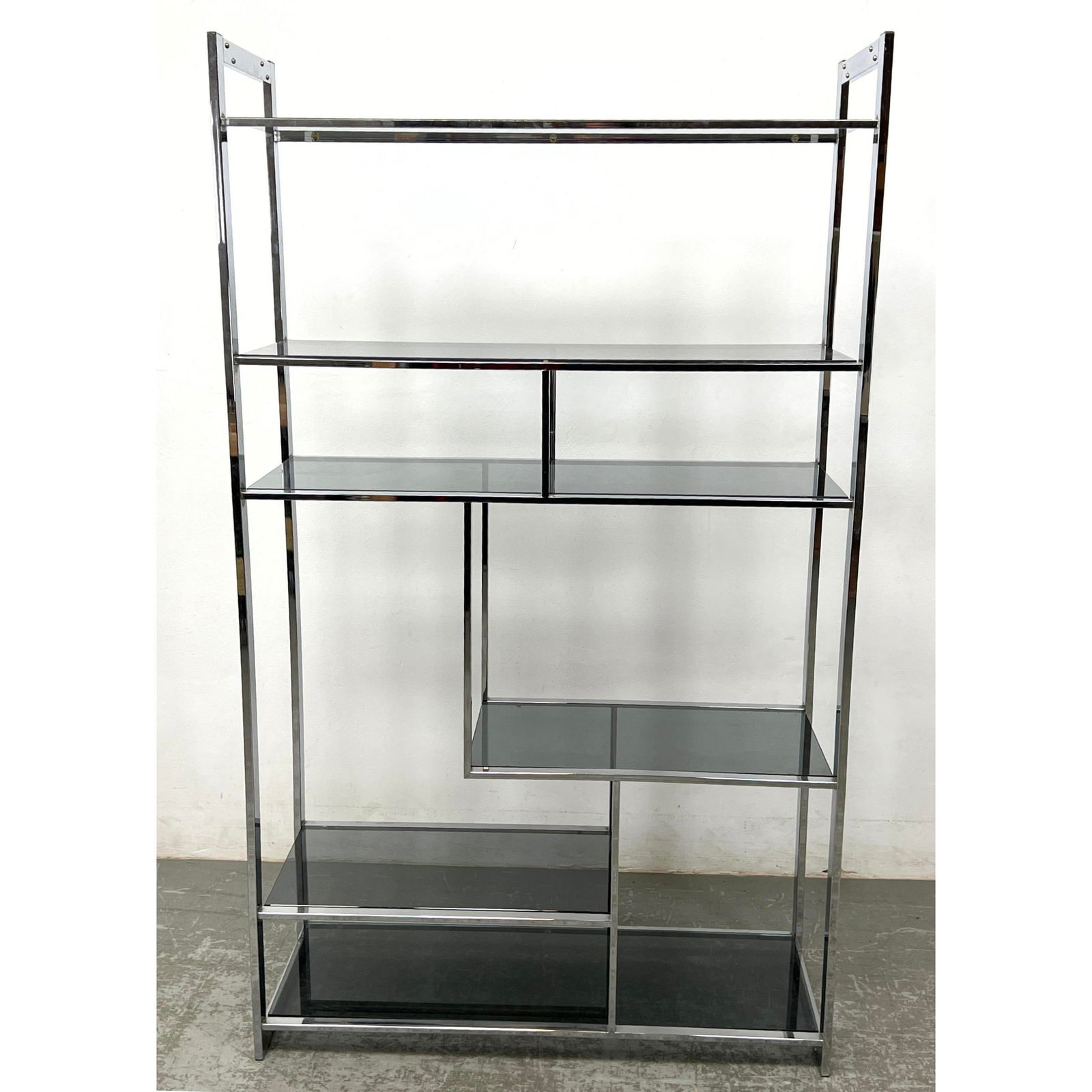 MILO BAUGHMAN style Chrome Etagere Shelves. Display Shelf Unit. Smoked Glass Shelves. (1 of 10)