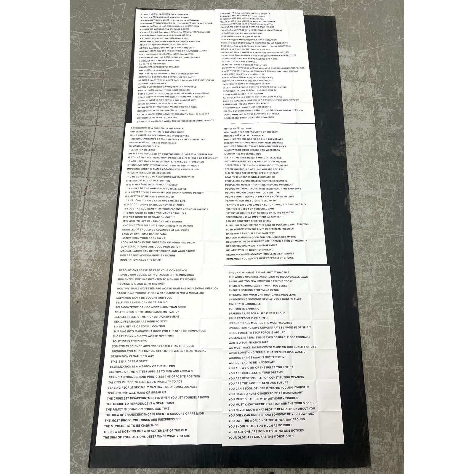 Set of 6 JENNY HOLZER Truisms: Set of 6 JENNY HOLZER Truisms Dimensions: Height: 31 inches, Width: 22 inches. --- US Packing and Shipping charge: $35 Plus insurance at a rate of $1 per hundred. - We offer curbside delivery for most