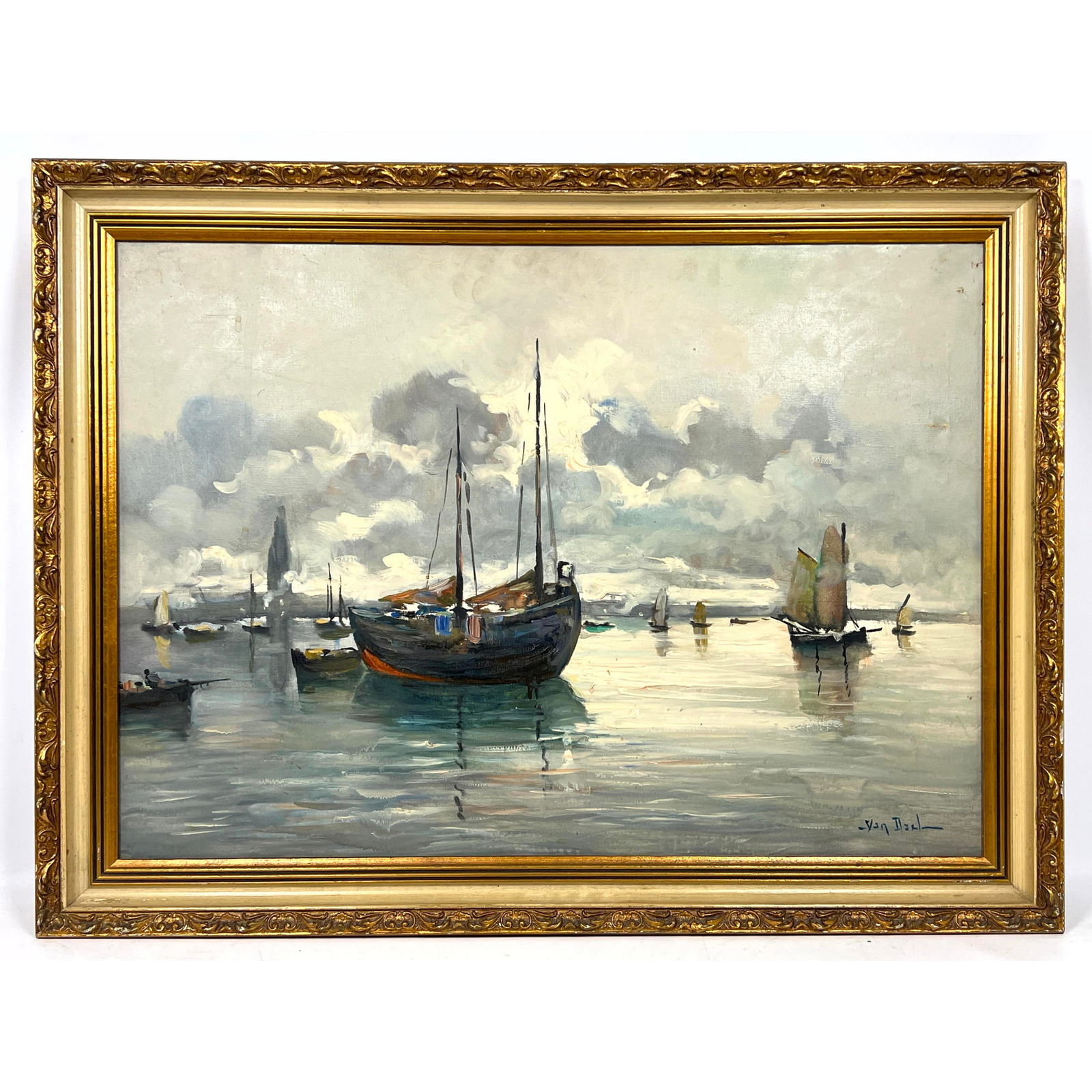 Signed Marine Scene Painting. Sailboats against Cloudy Sky. Illegibly Signed: Van Diel ??? (1 of 10)