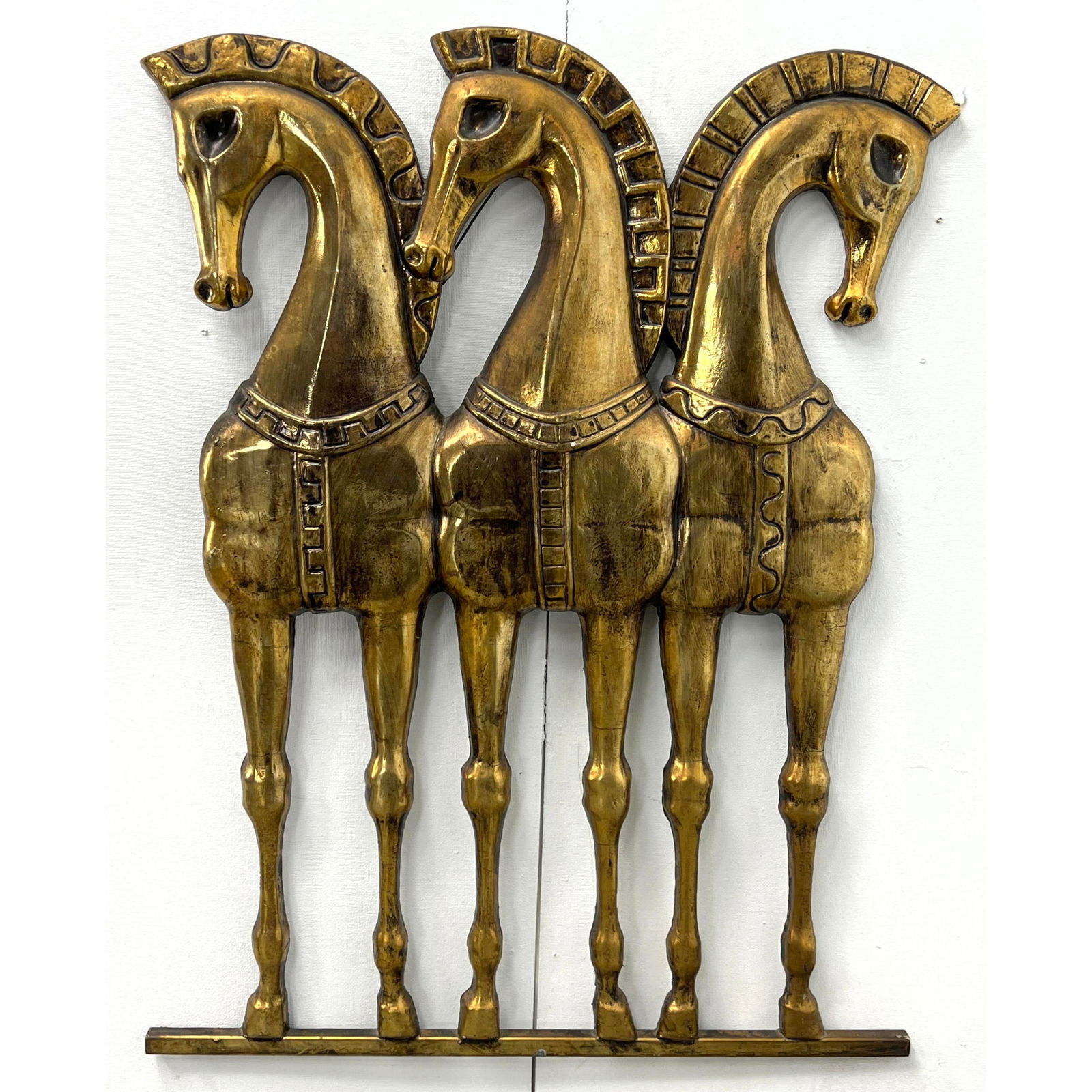 Frederick Weinberg Gold Painted Wood Three Horse Wall Sculpture. Classical style Horses. Unsigned. (1 of 9)