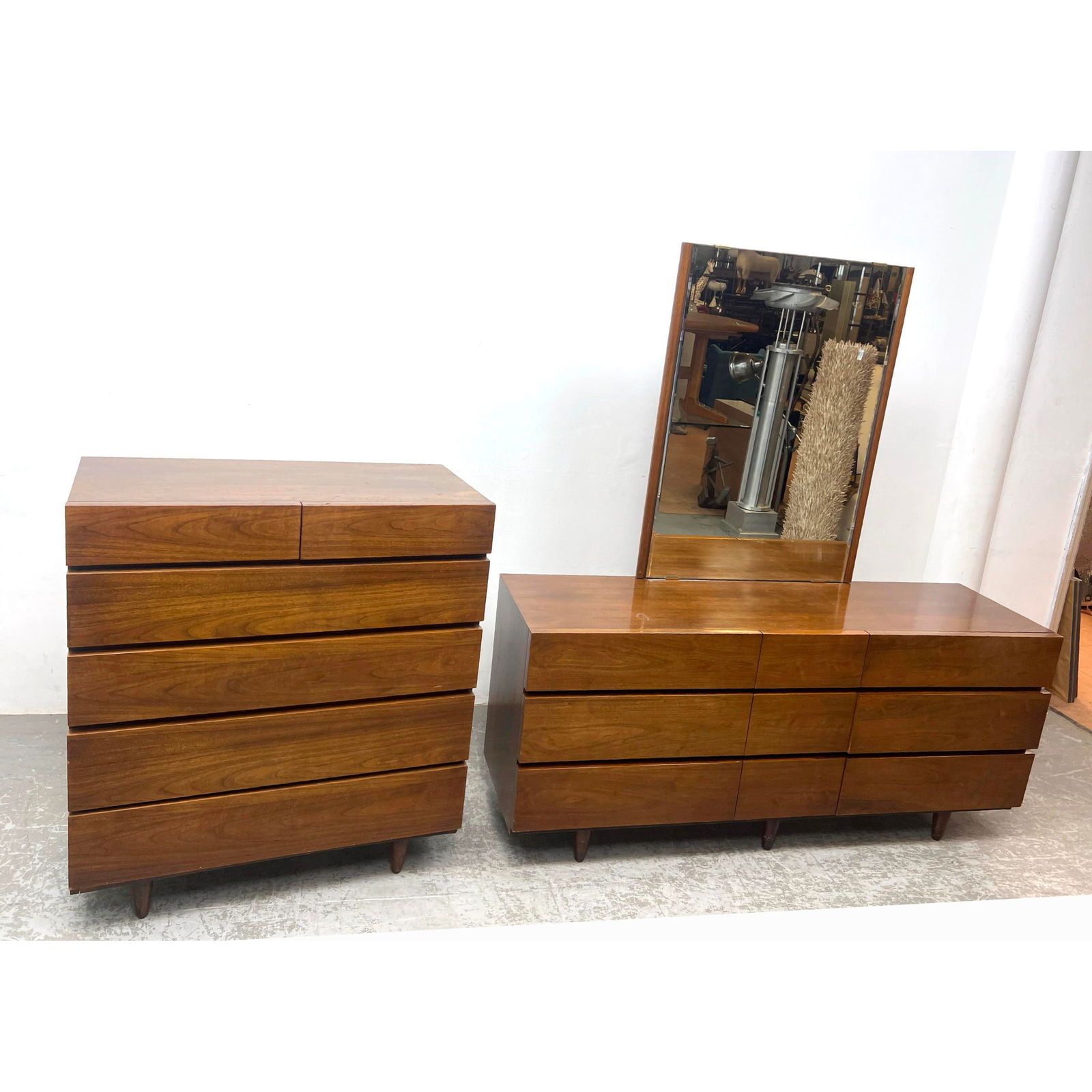 3pc AMERICAN of MARTINSVILLE Modern Walnut Bedroom Set. High and Low Dresser Chests of Drawers and M (1 of 13)
