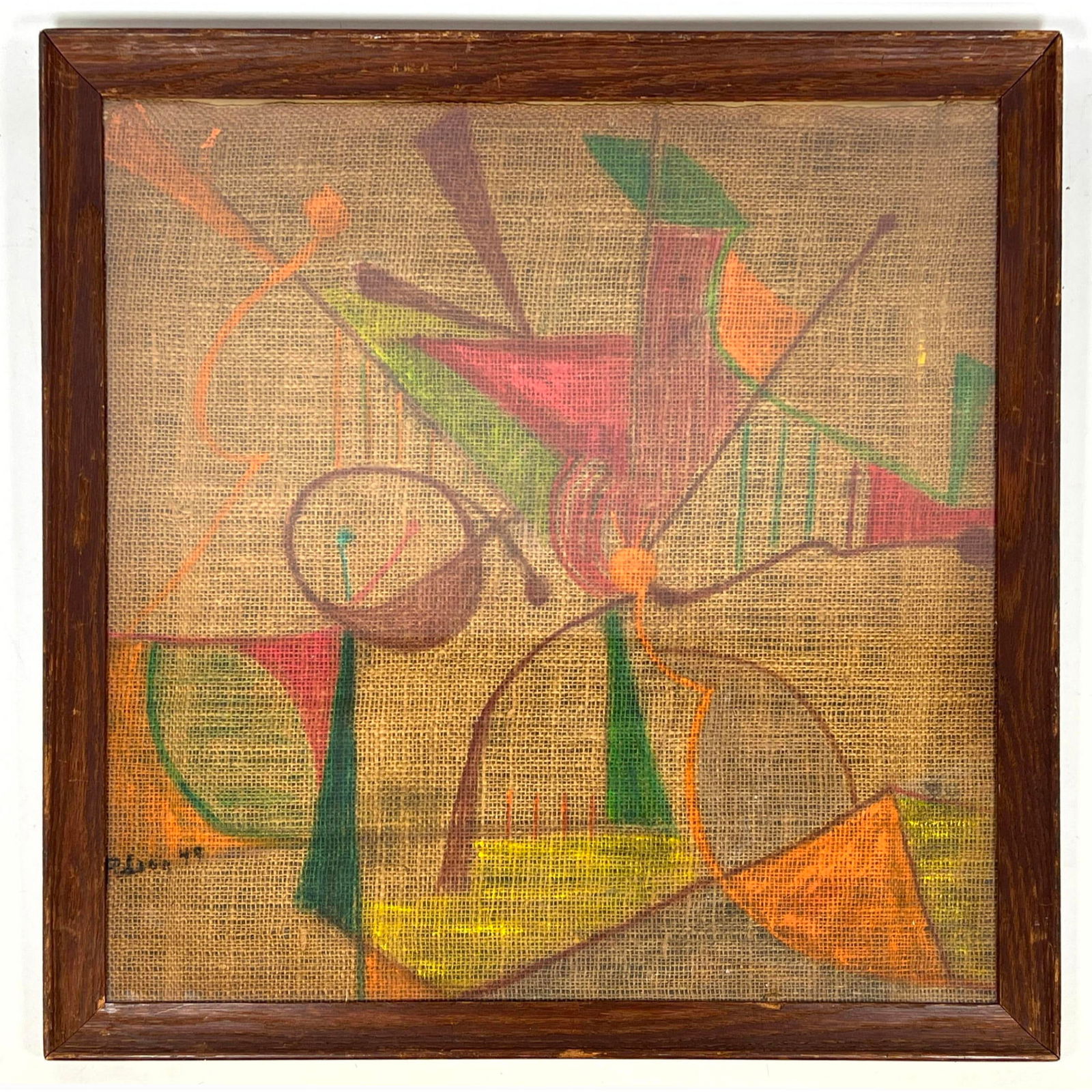 Polychrome Painted Burlap Abstract Modernist Painting. Signed ????? (1 of 8)