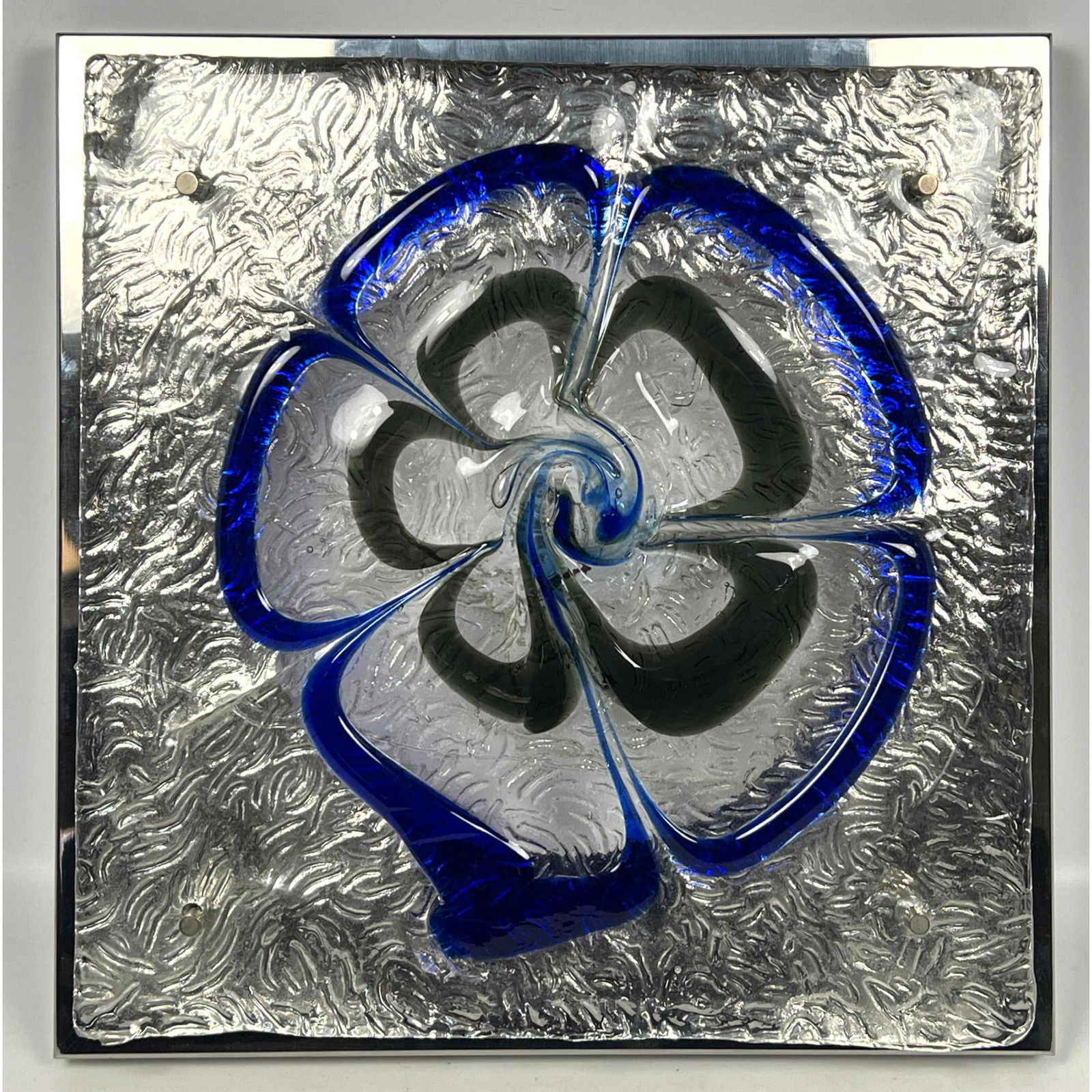 Mid-size Mazzega Murano cobalt flower flush-mount Lighting fixture, Blue and clear.: Mid-size Mazzega Murano cobalt flower flush-mount Lighting fixture, Blue and clear. Dimensions: Height: 17 inches, Width: 17 inches, Depth: 3 inches. --- - We offer curbside delivery for most items to