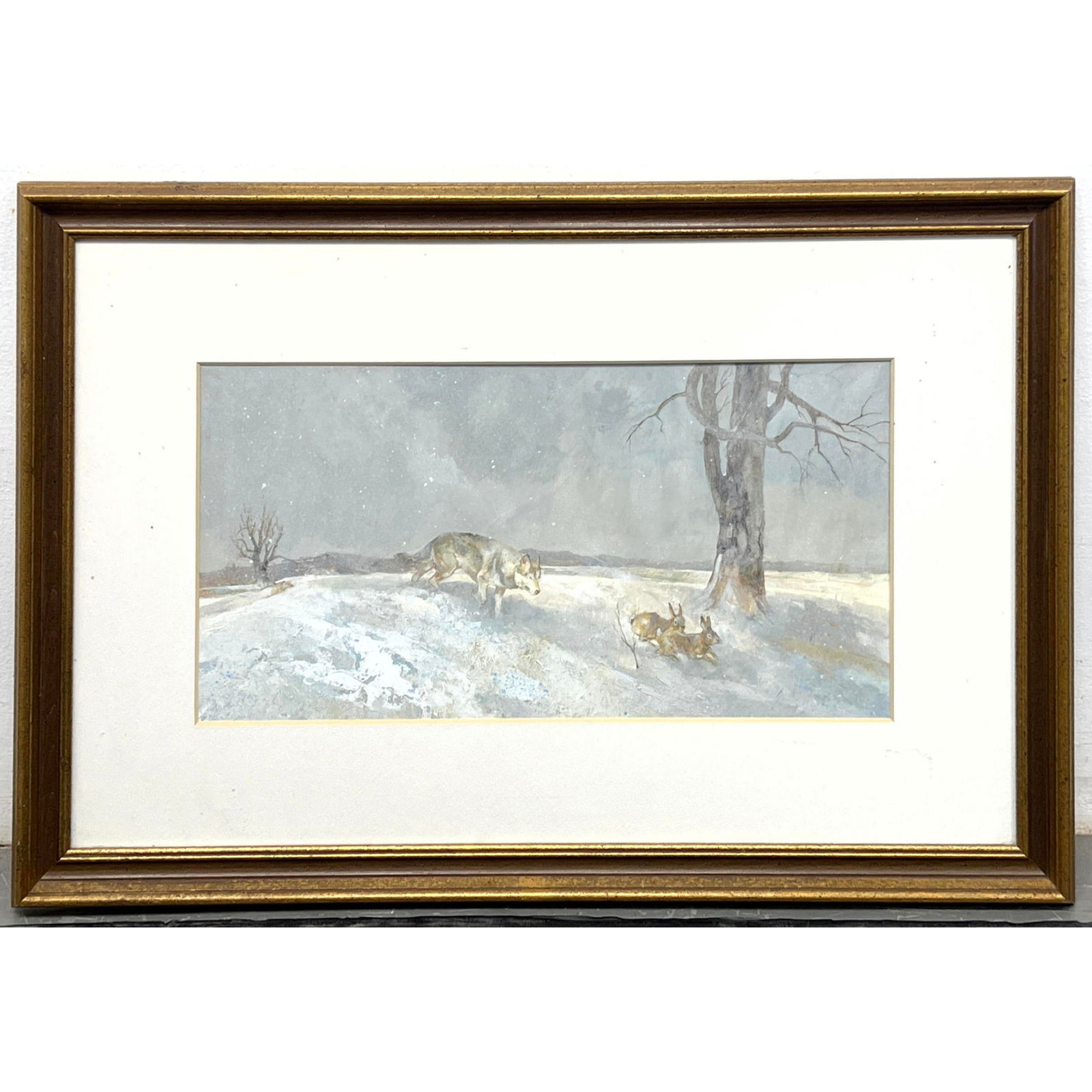 Winter Landscape Watercolor Painting. Snowy Scene with Wolf and Rabbits. No Signature Found. (1 of 10)