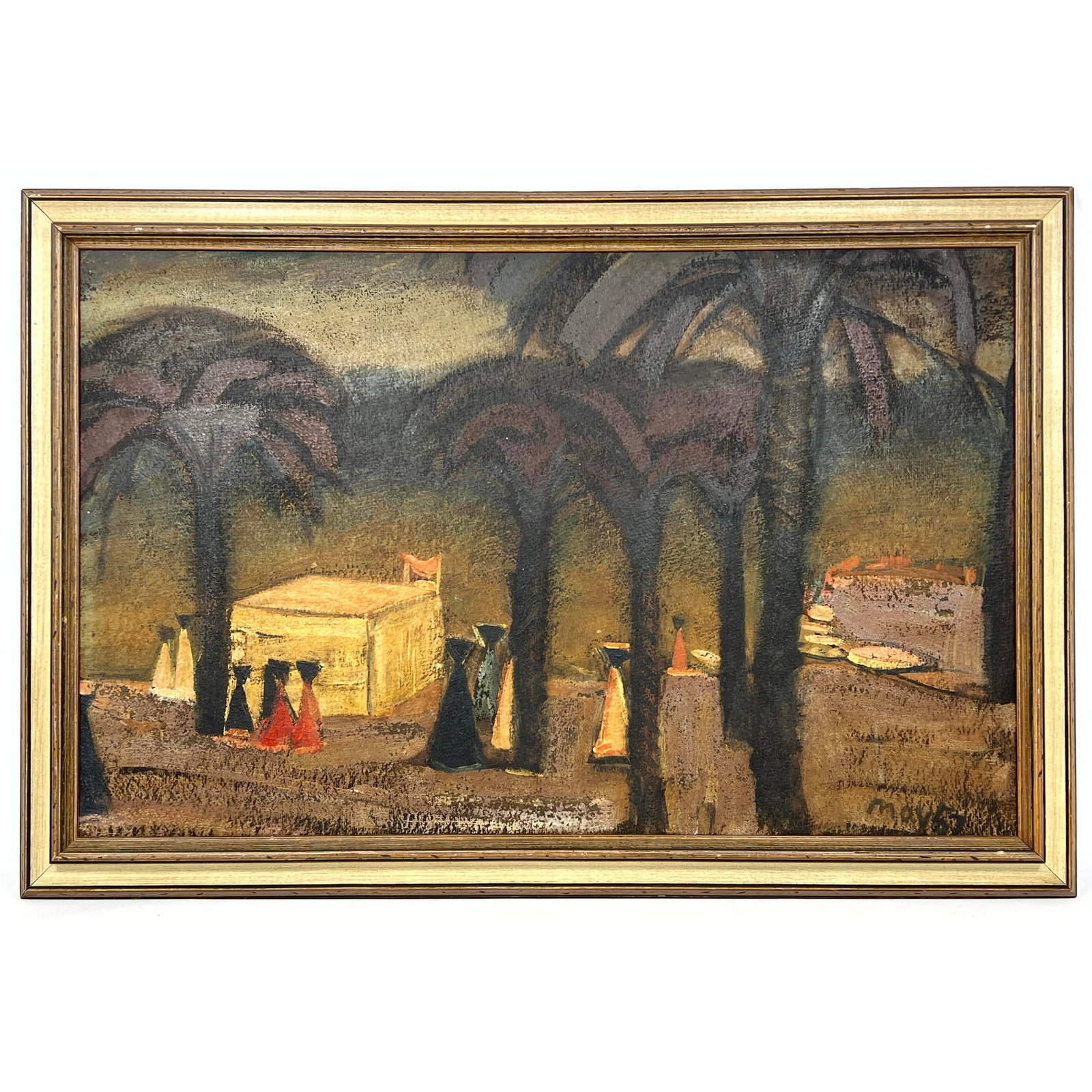 MAY 57. Painting on Board. African.: MAY 57. Painting on Board. African. Dimensions: Frame Height: 27 inches, Frame Width: 40 inches. - Image Size: Image Height: 22 inches, Image Width: 35 inches. --- - We offer curbside delivery for mos
