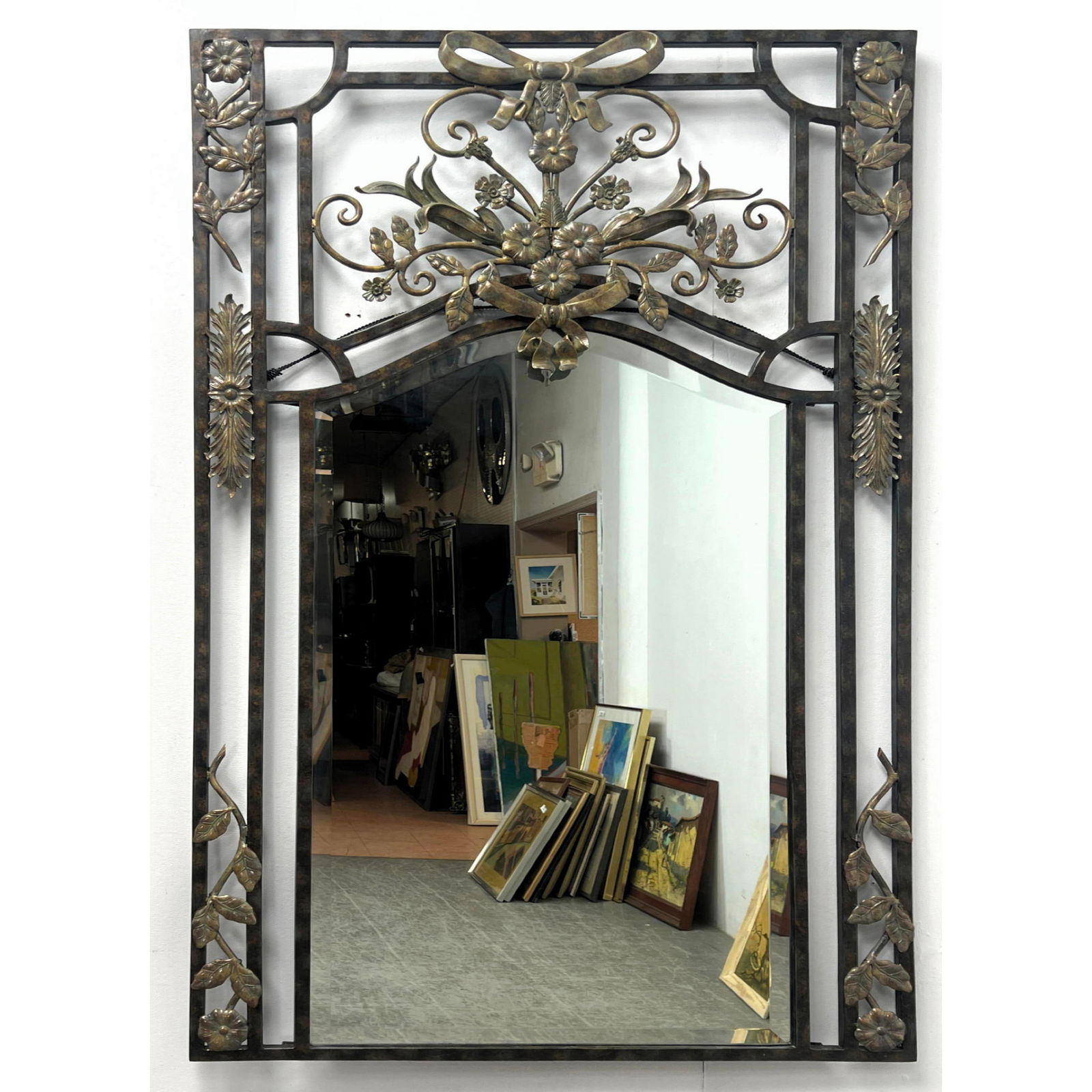 LA BARGE Two Tone Metal Wall Mirror. Decorative Frame with Ornate Brass Tone Elements. LaBarge Label (1 of 12)
