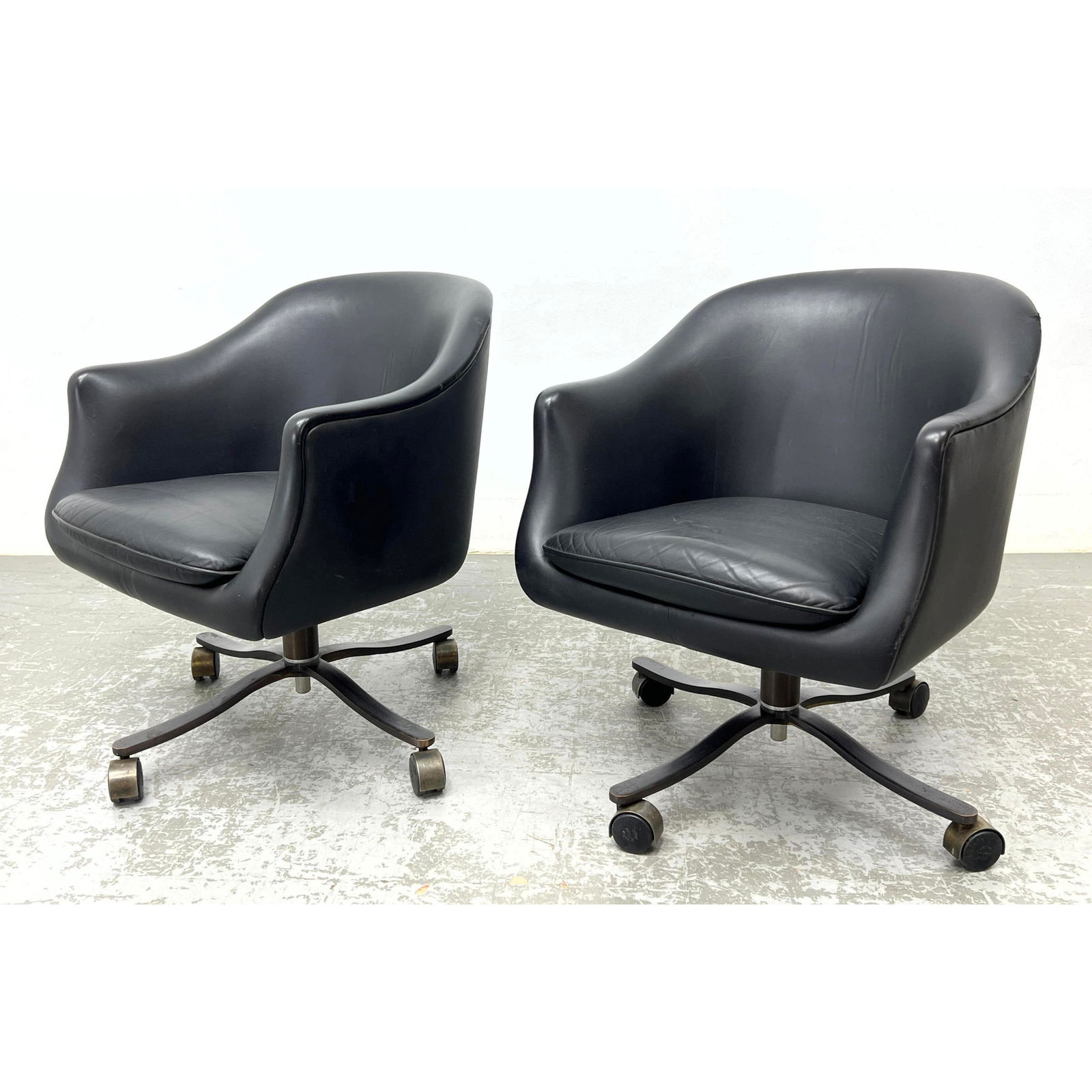 Pr Nicos Zographos Leather rolling office chairs with solid bronze base by Nicos Zographos. Label. (1 of 14)