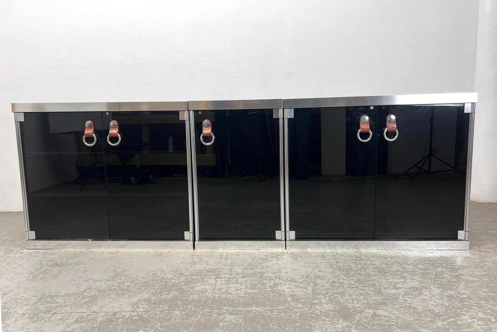 3Pc Guido Faleschini For Pace Server Cabinets. Chrome and leather pulls. Chrome and Felt, Mariani.: 3Pc Guido Faleschini For Pace Server Cabinets. Chrome and leather pulls. Chrome and Felt, Mariani. Dimensions: Height: 34 inches, Width: 39.5 inches, Depth: 18.5 inches. - Additional Dimensions: Small