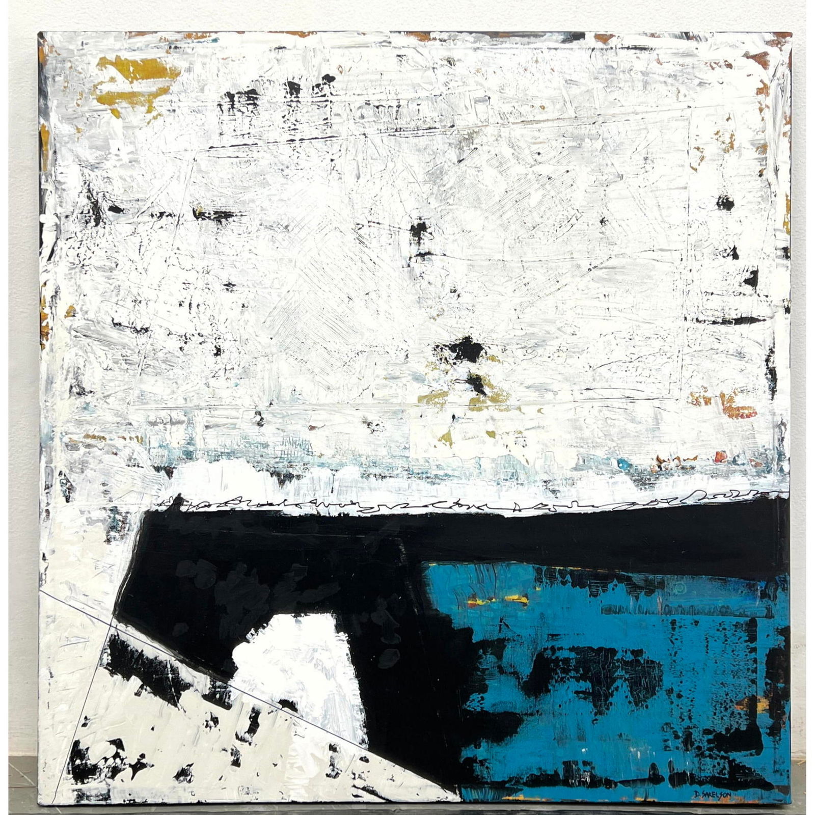 DENNIS SAKELSON Acrylic Modernist Painting. Minimalist white with blue Abstract. Signed. (1 of 10)