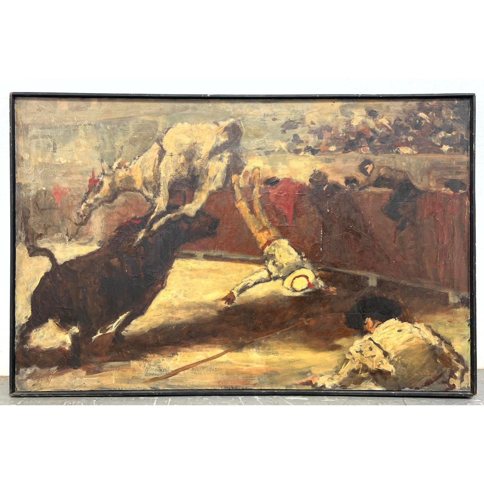 Vintage W PRESTON Bullfight Bullfighter oil Abstract painting signed lower right: Vintage W PRESTON Bullfight Bullfighter oil Abstract painting signed lower right Dimensions: Height: 30.5 inches, Width: 47 inches. --- - We offer curbside delivery for most items to NYC, Manhattan, C