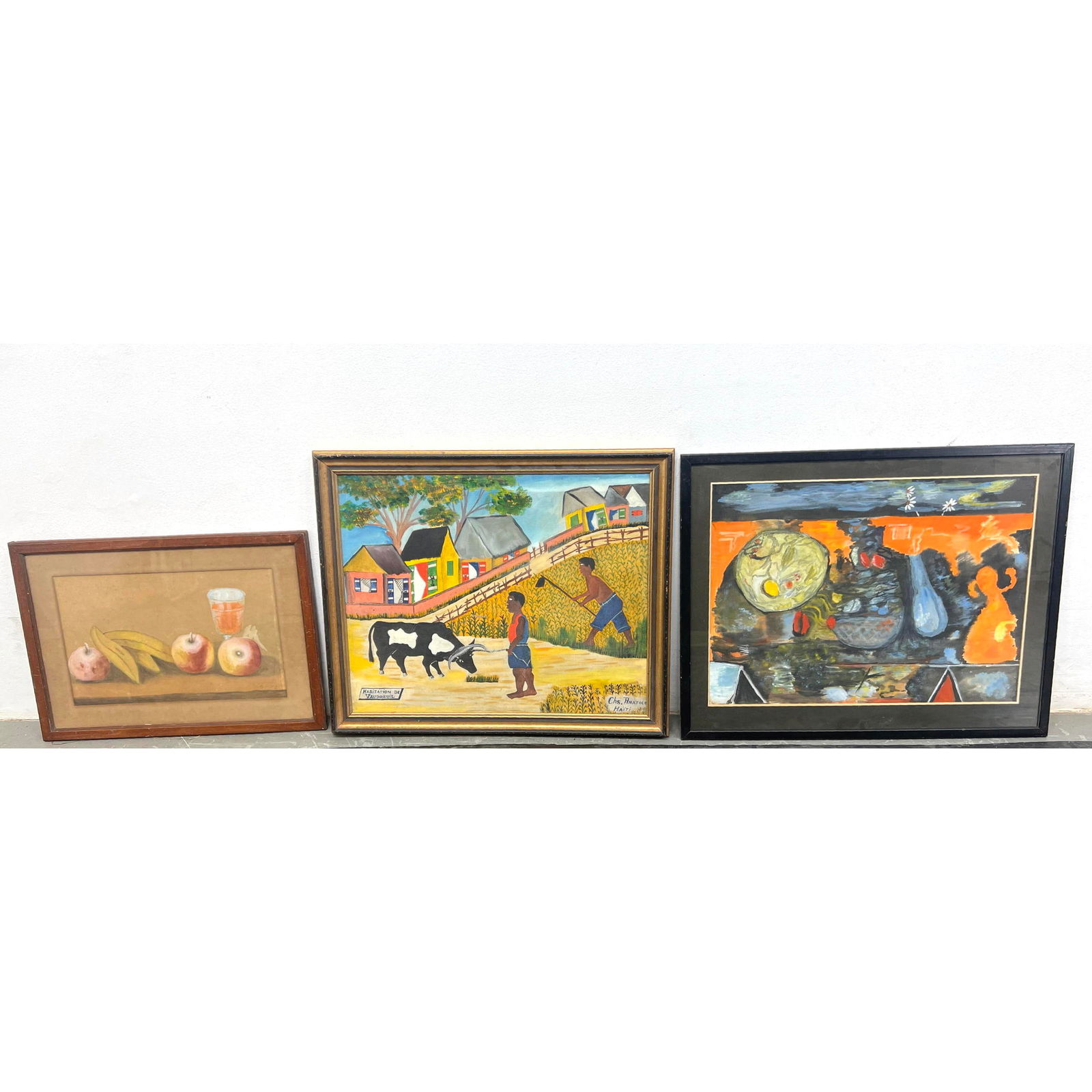 Lot 3 20th Century Paintings. One CHARLES ANATOLE, Haitian Farm and Oxen Painting: "Habitation de Va: Lot 3 20th Century Paintings. One CHARLES ANATOLE, Haitian Farm and Oxen Painting: "Habitation de Vaudreuil". Still Life with Apples and Bananas. Modernist Still Life with Daisies and Bowl; unsigned.