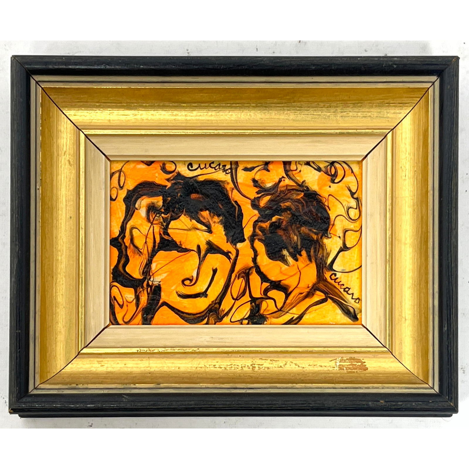 Pascal Cucaro Abstract Painting on Board.: Pascal Cucaro Abstract Painting on Board. Dimensions: Frame Height: 7.5 inches, Frame Width: 9.5 inches. - Image Size: Image Height: 3.5 inches, Image Width: 5.5 inches. --- - We offer curbside delive