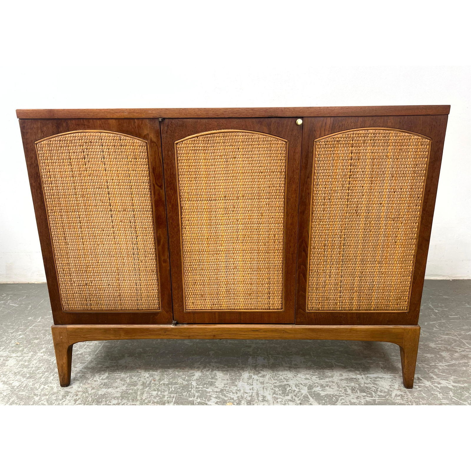 LANE American Modern Walnut Server Cabinet. 3 Doors with arched woven rattan panels. Marked LANE. (1 of 9)