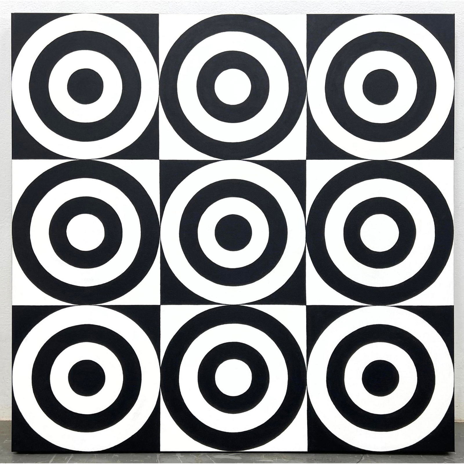TIM RAY FISHER Acrylic Op Art Painting on Canvas. Black and white bullseye . Signed. (1 of 6)