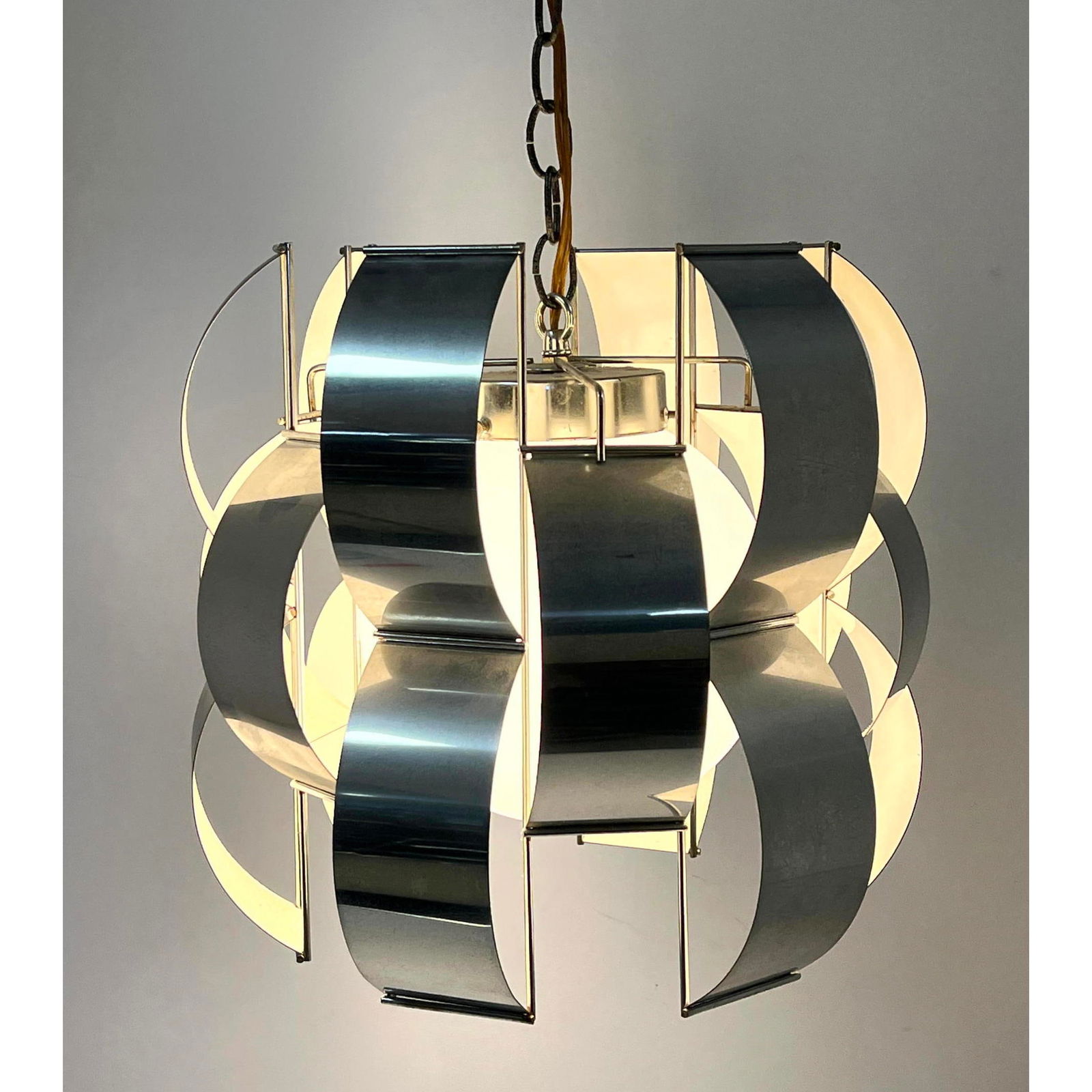 Max Sauze style chrome chandelier. Hanging Light. Unmarked.: Max Sauze style chrome chandelier. Hanging Light. Unmarked. Dimensions: Height: 13 inches, Width: 14 inches, Depth: 14 inches. --- - We offer curbside delivery for most items to NYC, Manhattan, Close