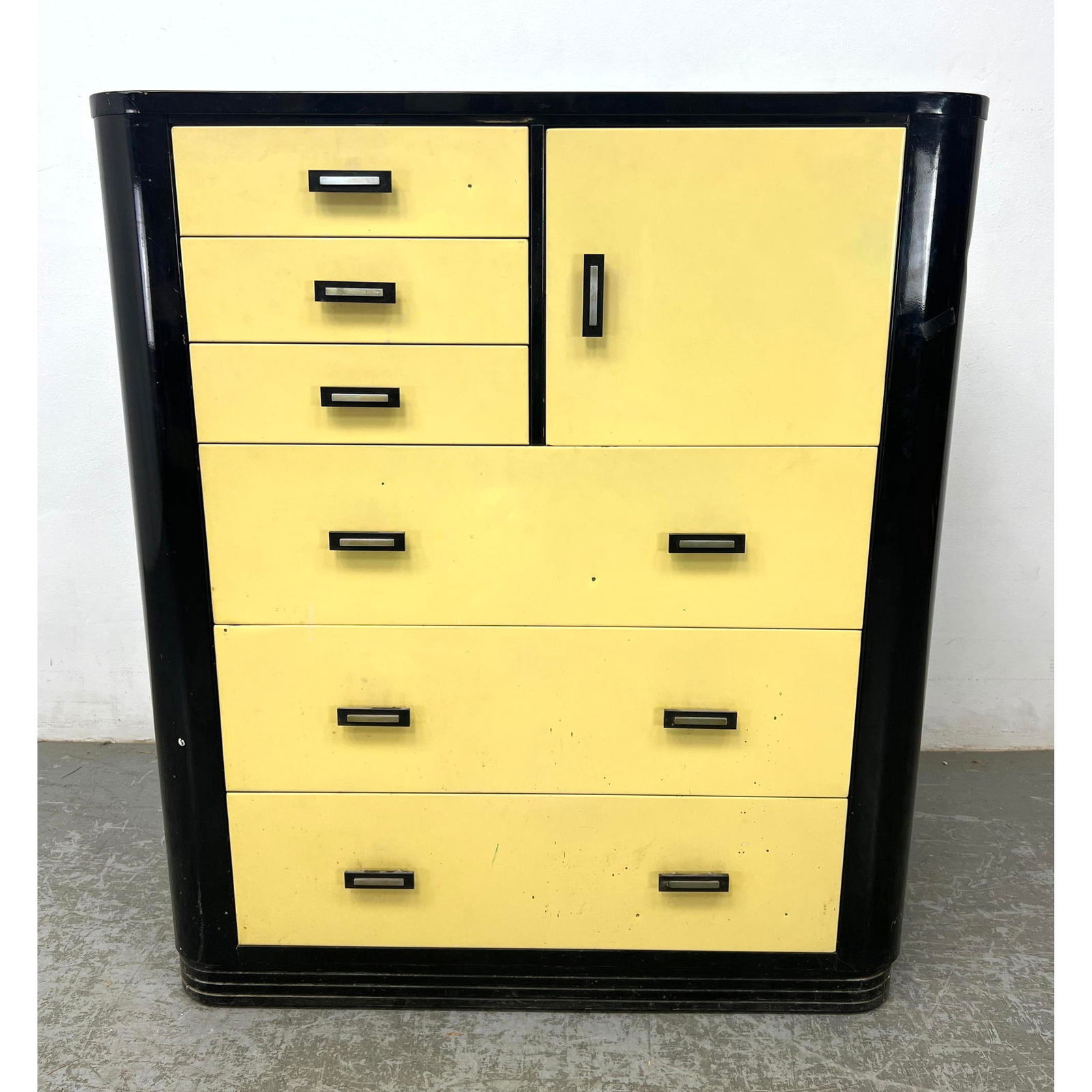 SIMMONS Black Enameled Metal MCM Dresser. Tall Chest of Drawers. Cream Enamel Drawer Fronts. Marked (1 of 9)
