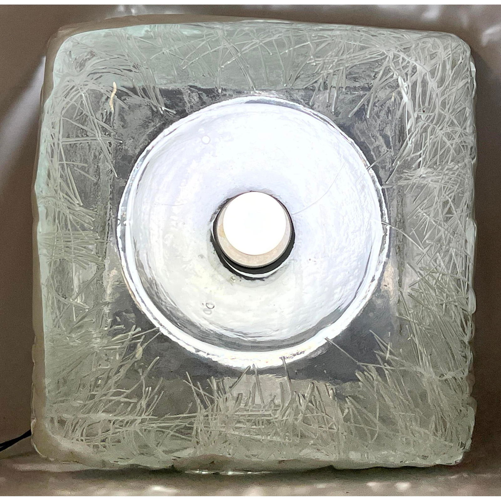 Mid-size Angelo Brotto heavy Murano white and clear glass flush-mount Lighting fixture, vintage.: Mid-size Angelo Brotto heavy Murano white and clear glass flush-mount Lighting fixture, vintage. Dimensions: Height: 15 inches, Width: 15 inches, Depth: 6 inches. --- - We offer curbside delivery for