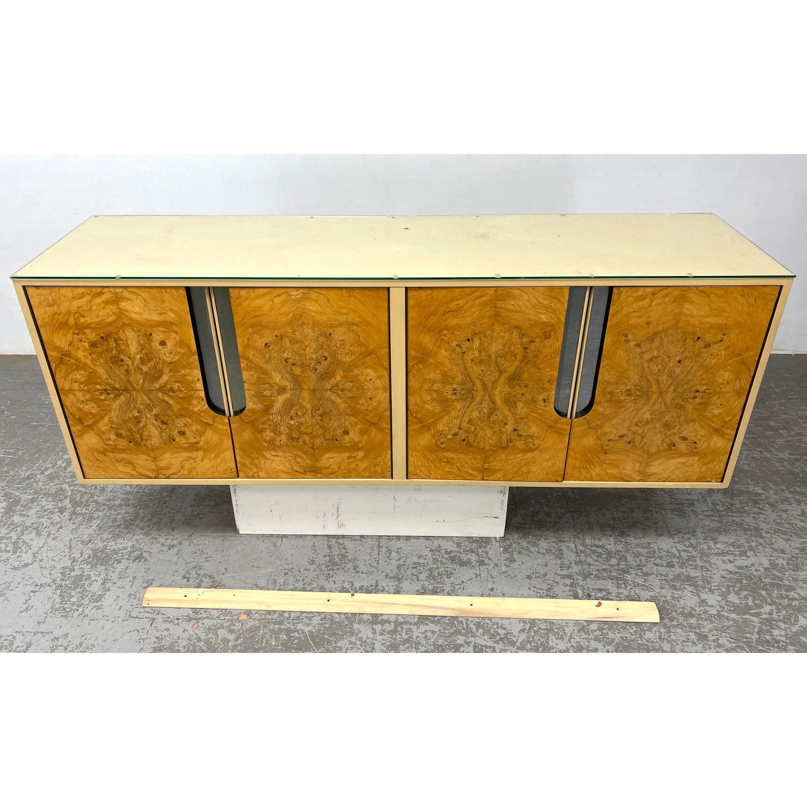 Burl Wood Chrome Floating Console by Milo Baughman. Wall Hanging 4 Door Cabinet. Cream case with bea (1 of 8)