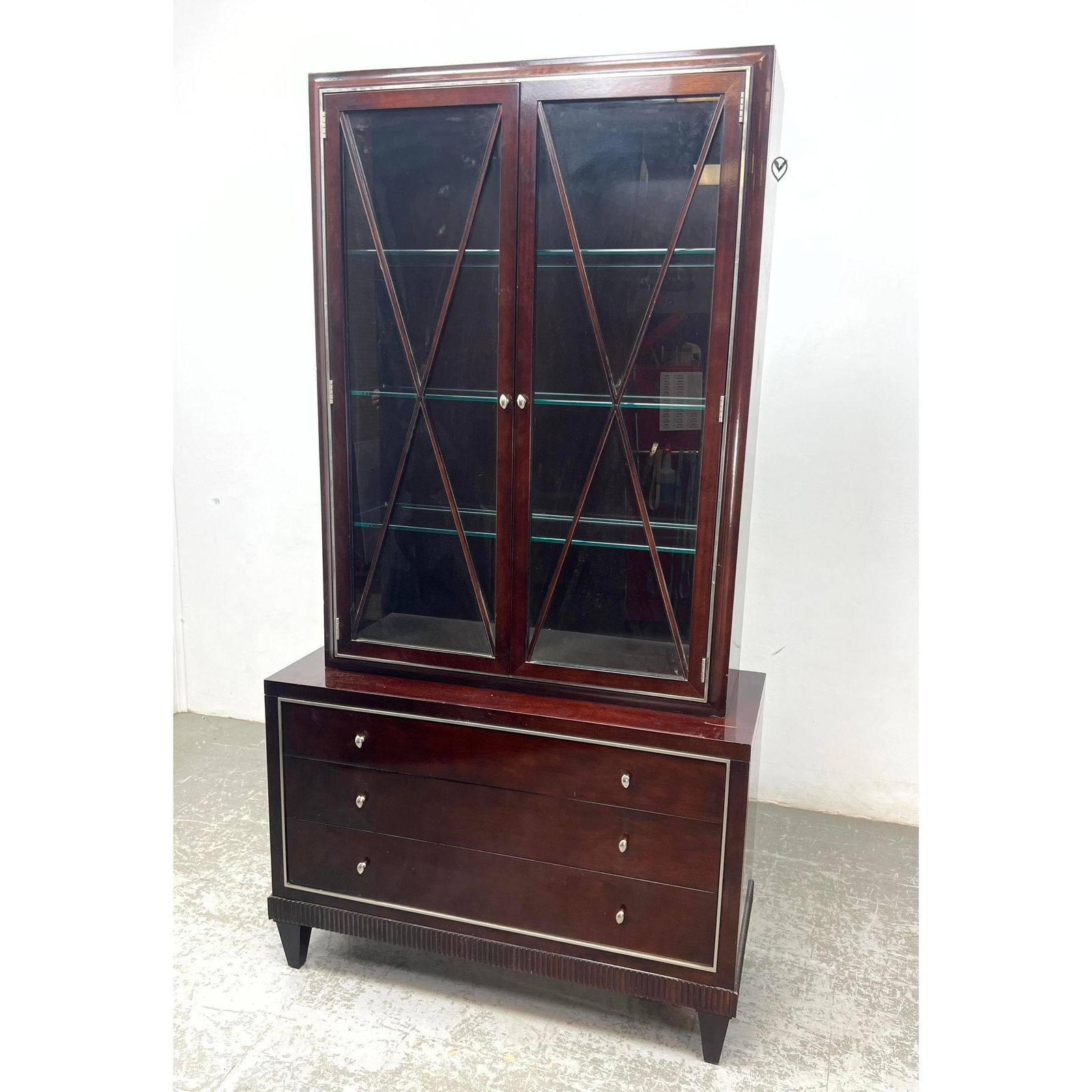 BARBARA BARRY for BAKER Glass Front Cabinet Chest. Mahogany with Decorative Trim and X Trim Glass Do (1 of 17)