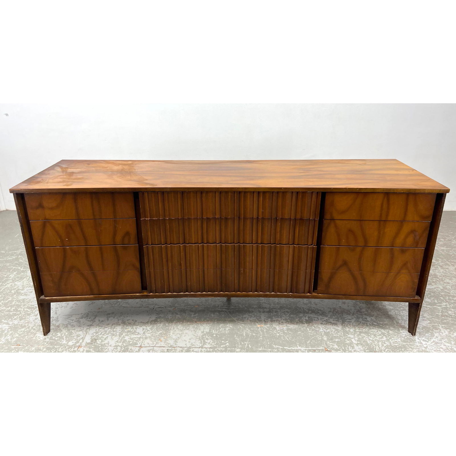 UNAGUSTA American Modern Walnut Credenza. Concave Facade has Fluted Front Center drawers. Not Marked (1 of 9)