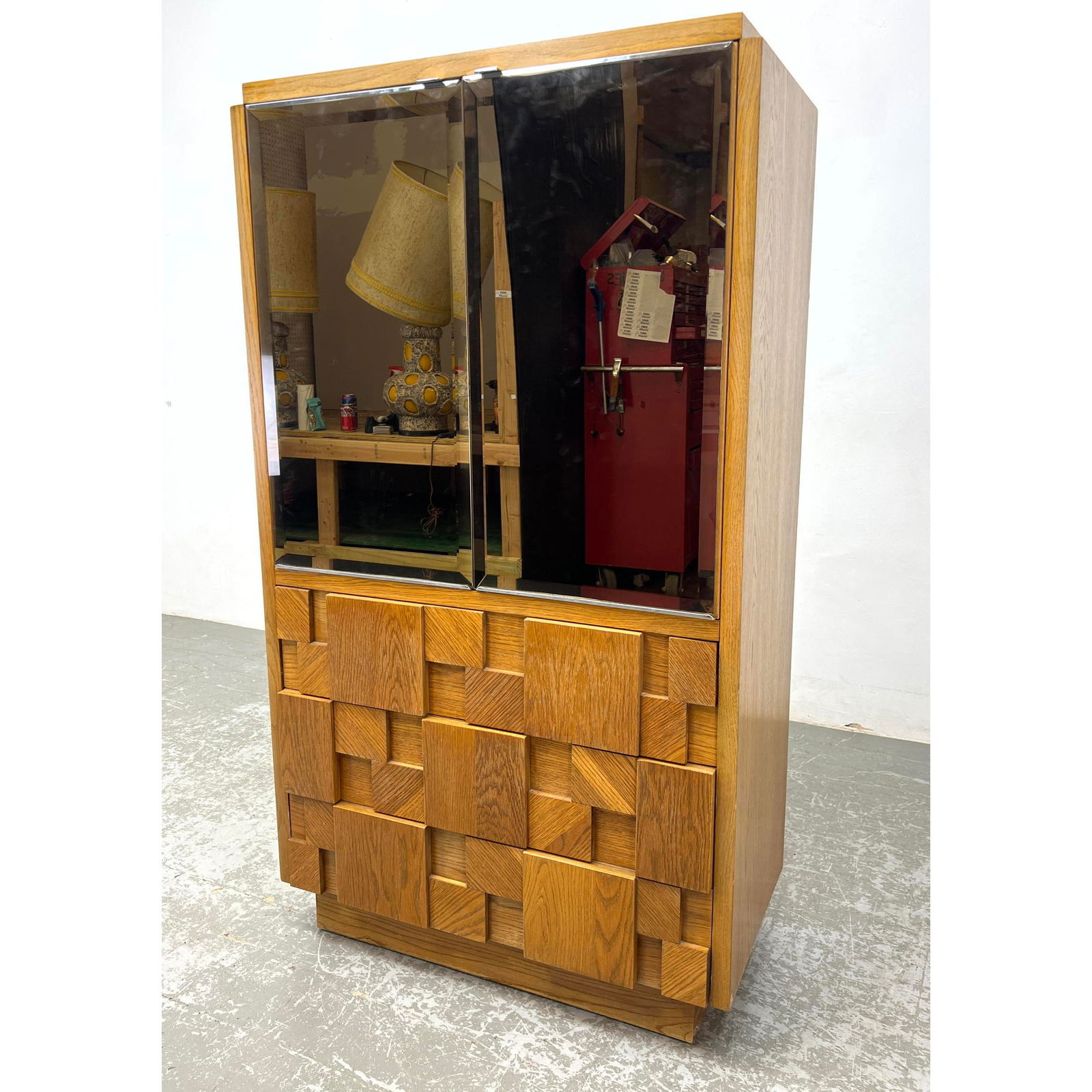 LANE Brutalist Oak Mirrored Door Armoire. Sculptural Wood Block Tile Base. "Staccato" Series. (1 of 12)