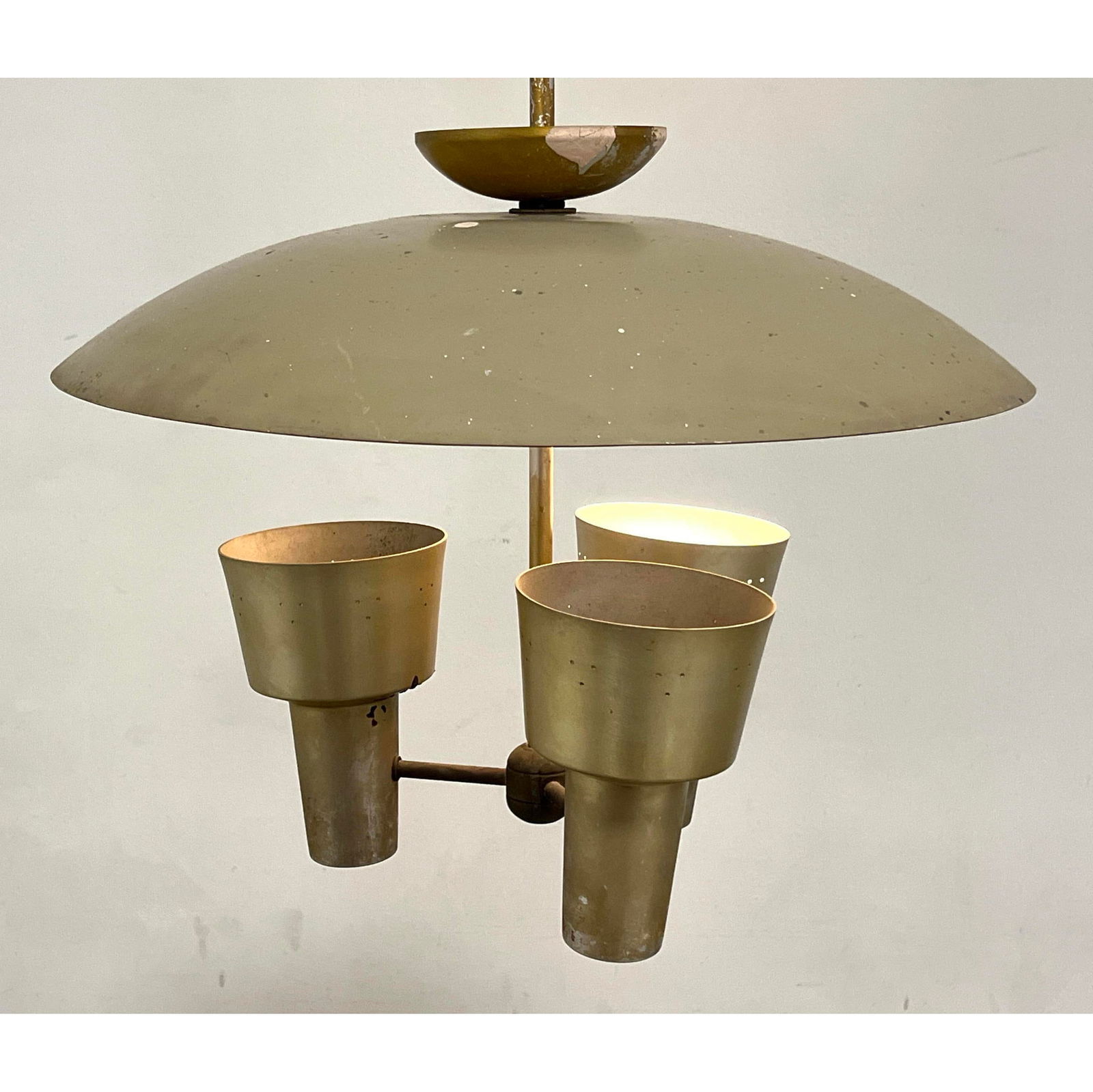 Modernist Hanging Ceiling Lamp. Enameled Aluminum Saucer Shade with 3 Adjustable Shades. Long Brass (1 of 11)