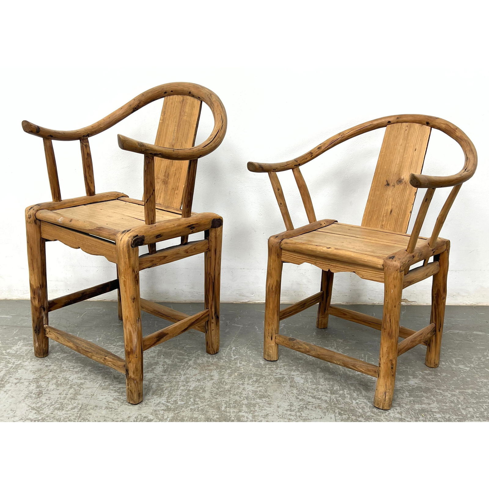 2pc Vintage Asian Wood Arm Chairs. Curved back rail and arms with Wide Slat Detail. Plank Seat. Chin (1 of 14)
