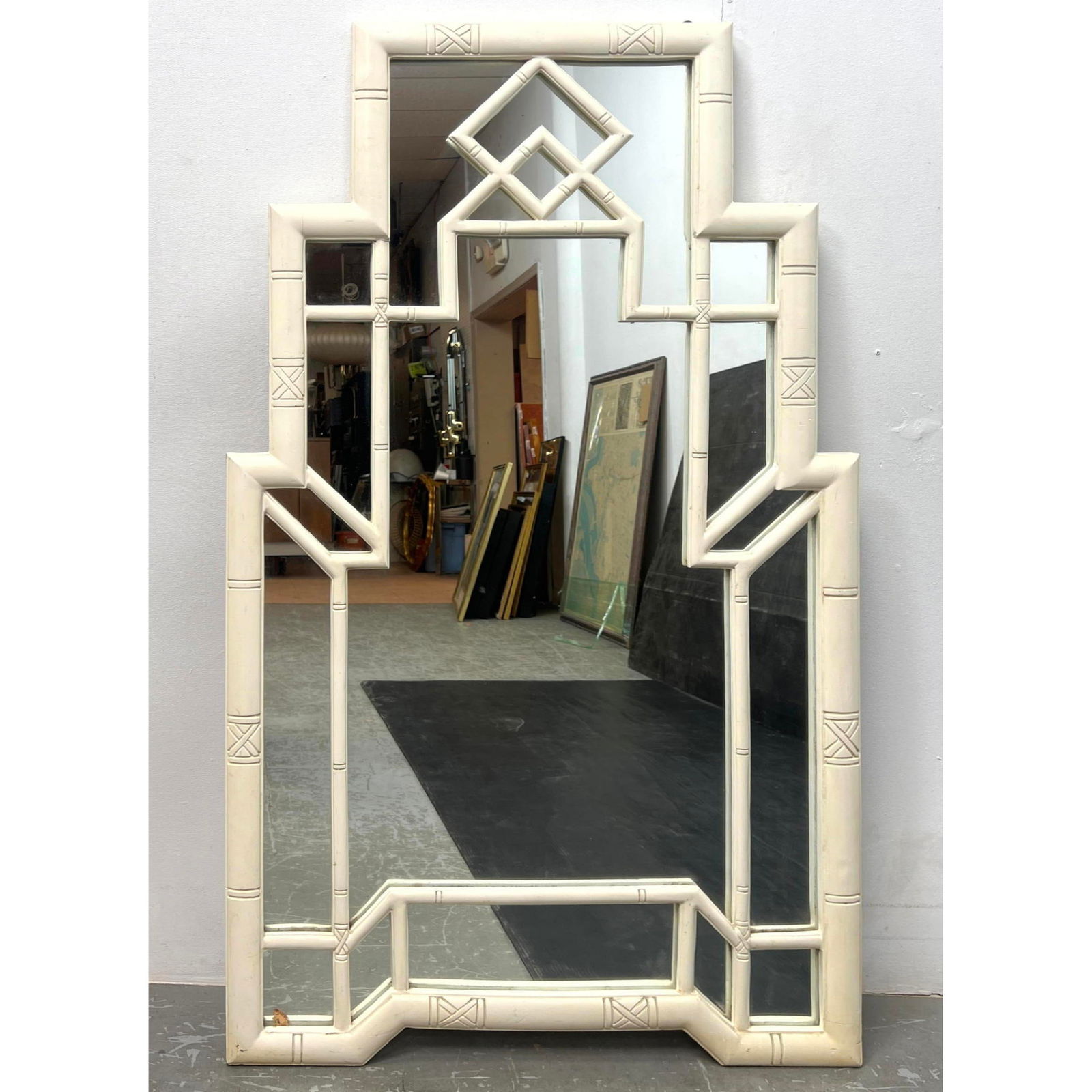 Large Art Deco Tiered Skyscraper Geometric Design Mirror. White painted wood. (1 of 7)