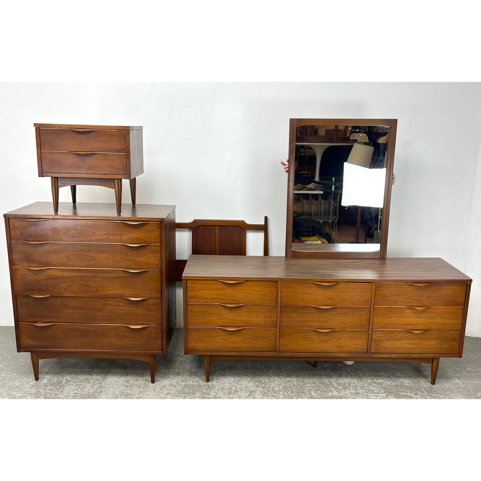 Five Piece Mid Century Modern Walnut Bedroom Suite, Laminate Tops, Headboard,Chest, Dresser, Mirror, (1 of 20)