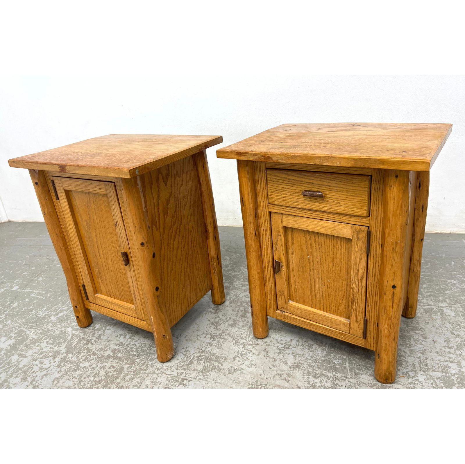 2pc Oak Panel Door Side Tables. Night Stands. Natural Wood Branch Legs. One has upper door. Branded (1 of 11)