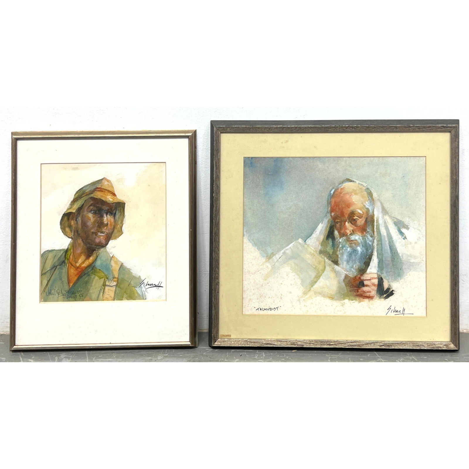 2pc Vintage Watercolor and Printed Portraits. RALPH SCHARFF Watercolor "Talmudist" Judaica. 2) JOHN: 2pc Vintage Watercolor and Printed Portraits. RALPH SCHARFF Watercolor "Talmudist" Judaica. 2) JOHN O'REILLY "Barn Saratoga" Print; 19/55. Both Pencil Signed. Dimensions: Frame Height: 22 inches, Fram