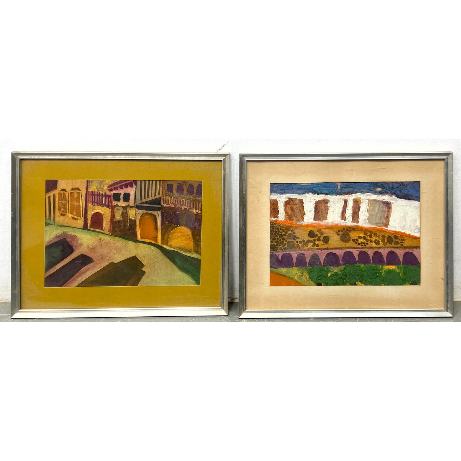 2pc Modernist Paintings. One Painting Collage. One Painting of Colorful Buildings. No signature foun: 2pc Modernist Paintings. One Painting Collage. One Painting of Colorful Buildings. No signature found. Dimensions: Frame Height: 21.5 inches, Frame Width: 26.25 inches. - Image Size: Image Height: 14 