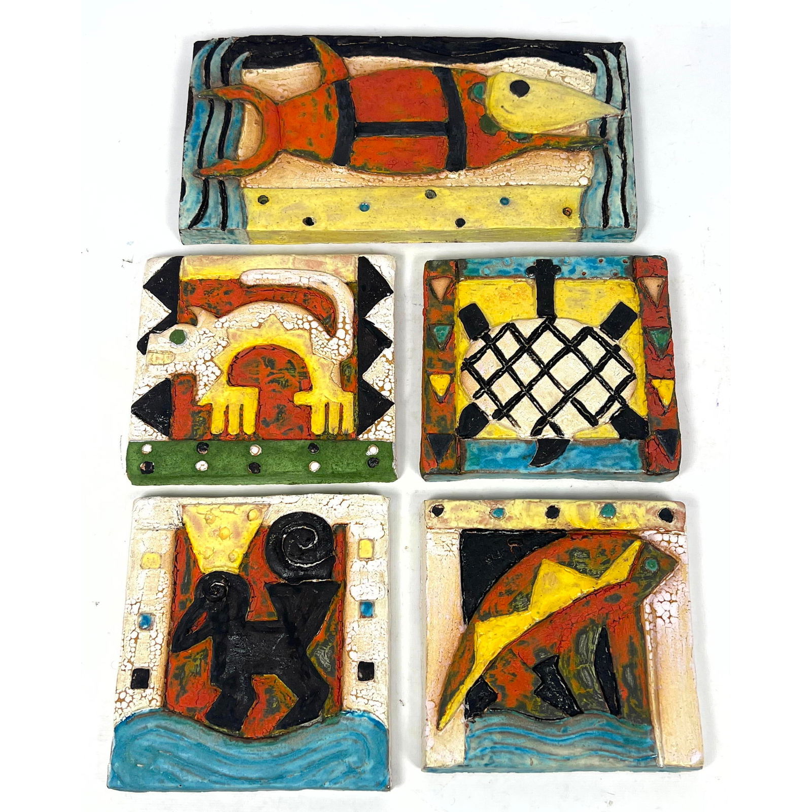 5pc ELYSE Glazed Figural Animal Terracotta Tiles. Relief designs of turtle, fish, lizard. Signed. NE (1 of 14)