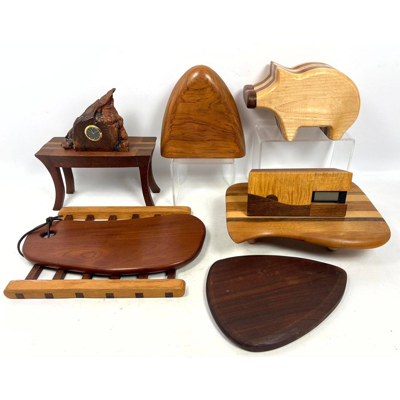 7pc Wood artisan Items, Piggy Bank, Sushi Board, Charles Elkins Clock. Nancy Winsch. (1 of 19)