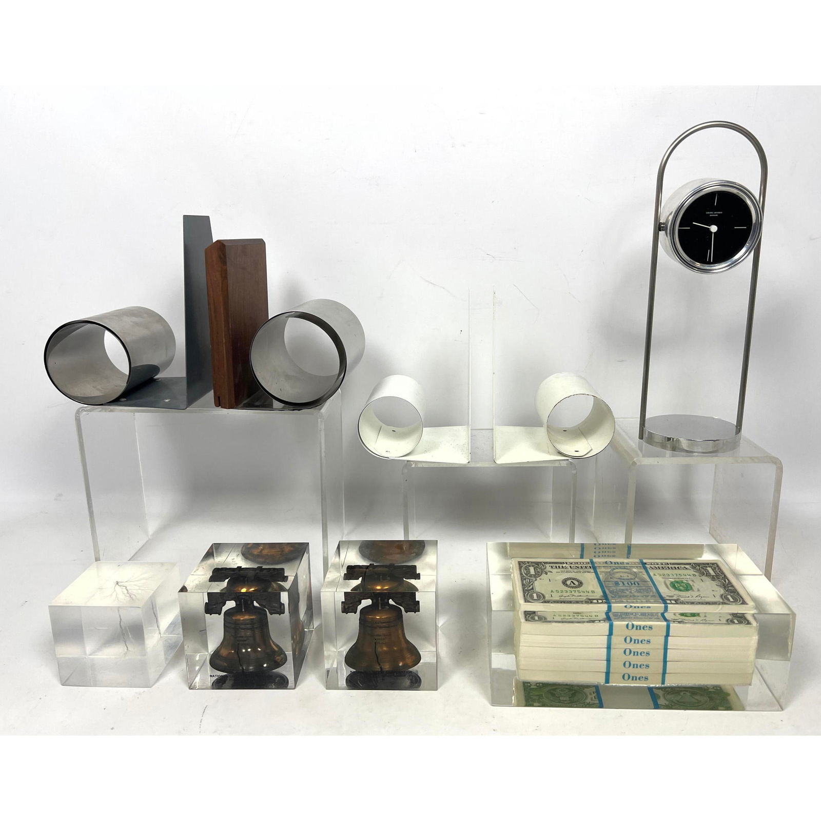 9pc lot: Items encased in Lucite, Springtite Book Racks, George Jensen Clock (1 of 18)