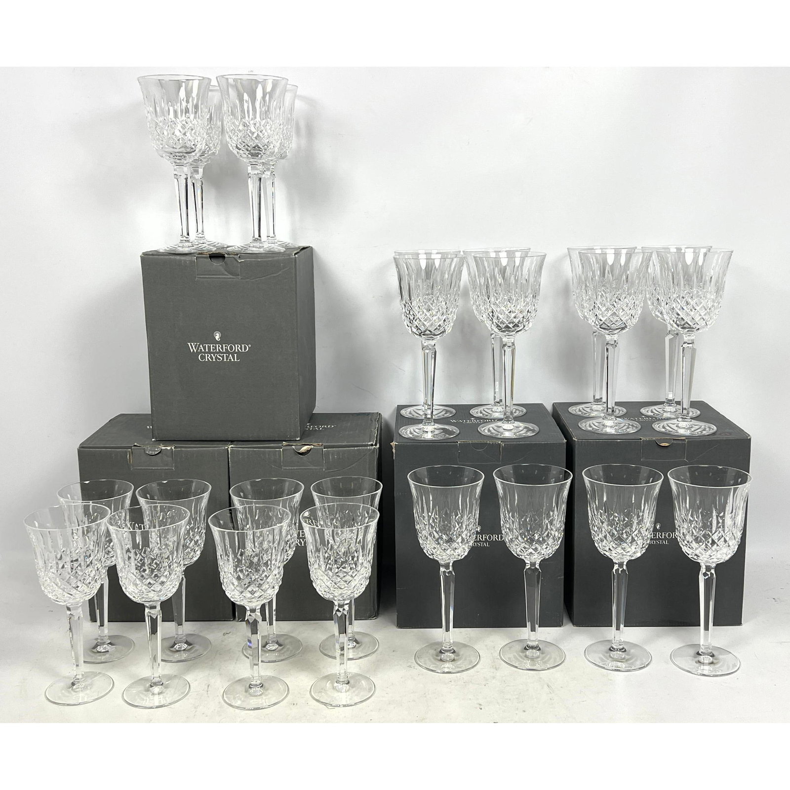24pc WATERFORD Crystal Stem Glasses. KELSEY Pattern. (12) 10 oz Goblets. (12) wine glasses.: 24pc WATERFORD Crystal Stem Glasses. KELSEY Pattern. (12) 10 oz Goblets. (12) wine glasses. Dimensions: Height: 8.5 inches, Width: 3.5 inches, Depth: 3.5 inches. --- - We offer curbside delivery for m