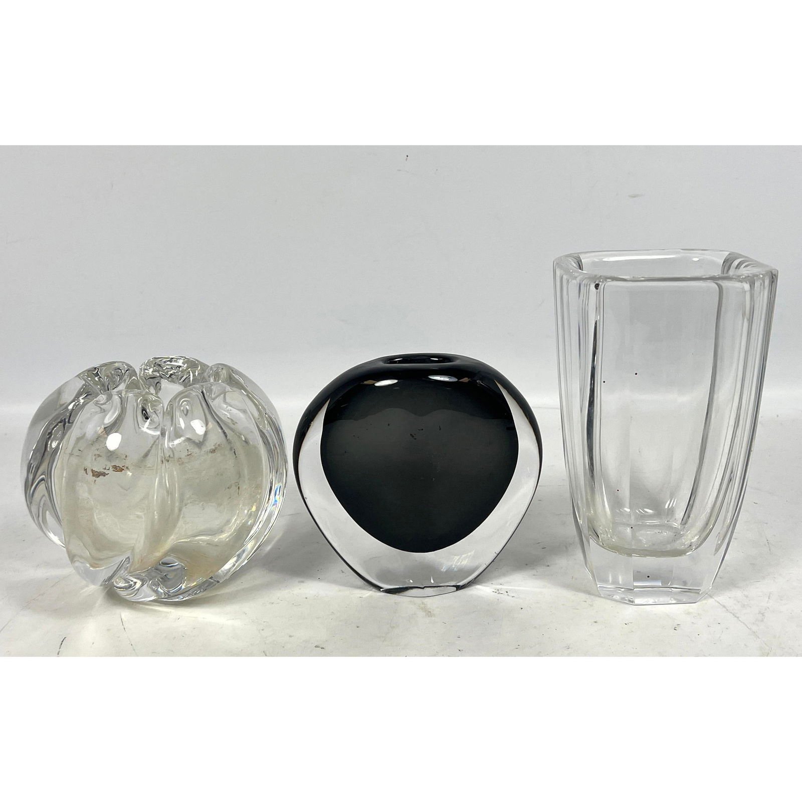 3pc ORREFORS Sweden Scandinavian Art Glass Vases. One Cased Glass Vase. One Four Sided Clear Glass V (1 of 14)