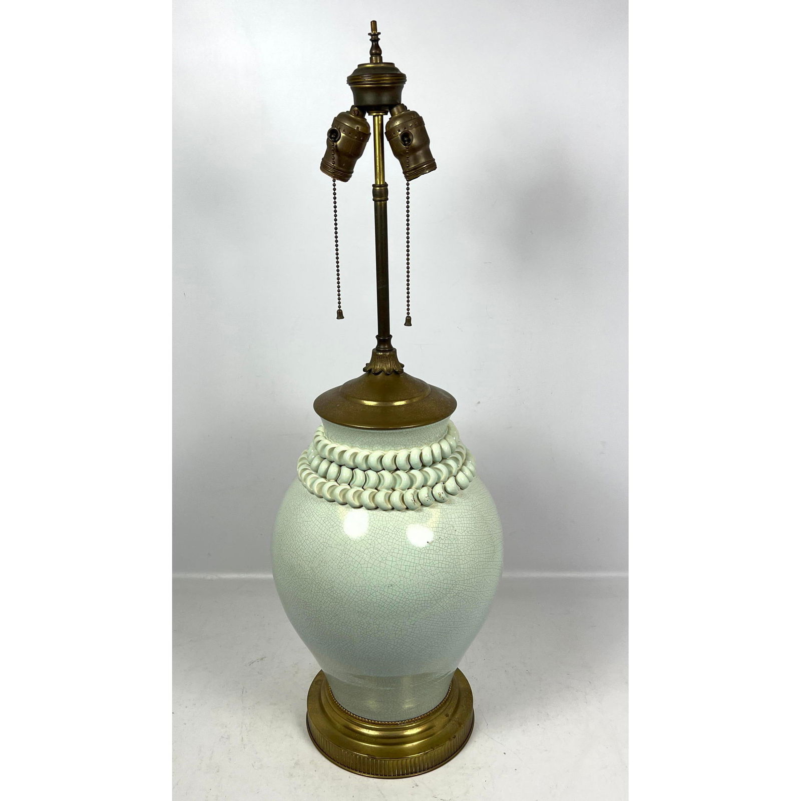 Celadon Crackle Glazed Pottery Table Lamp. Decorative top. (1 of 9)